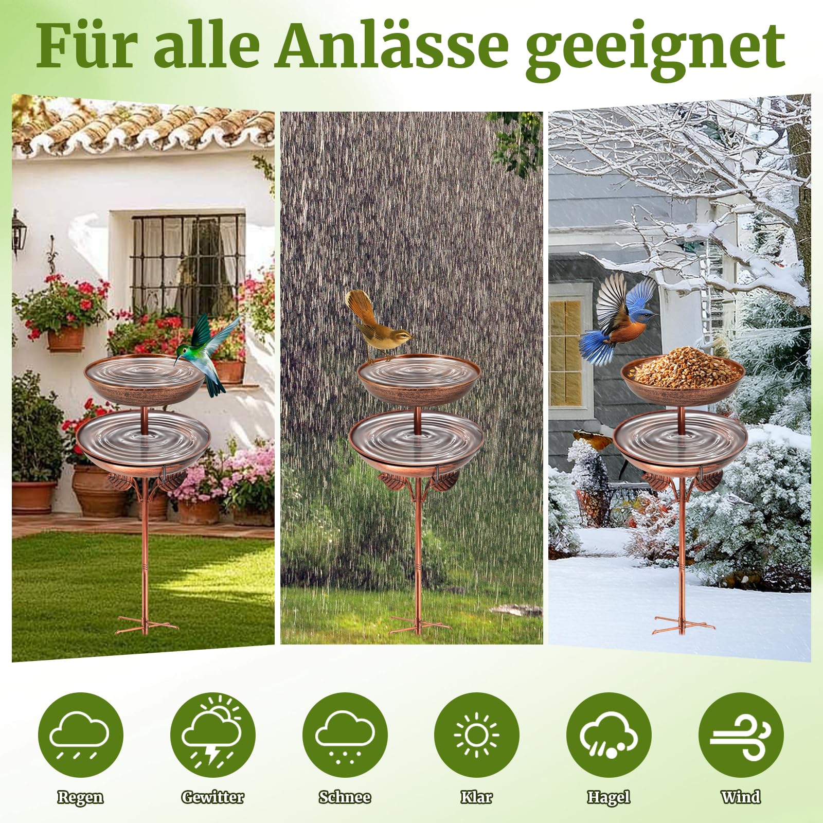 ZYNERY Metall Vogeltränke Stehend, 115cm Vogeltränke Winterfest, 2 In 1 Vogelbad für Draußen Garten, Antike Vogelfutterspender Wassertränke für Balkone, Innenhof, Garten