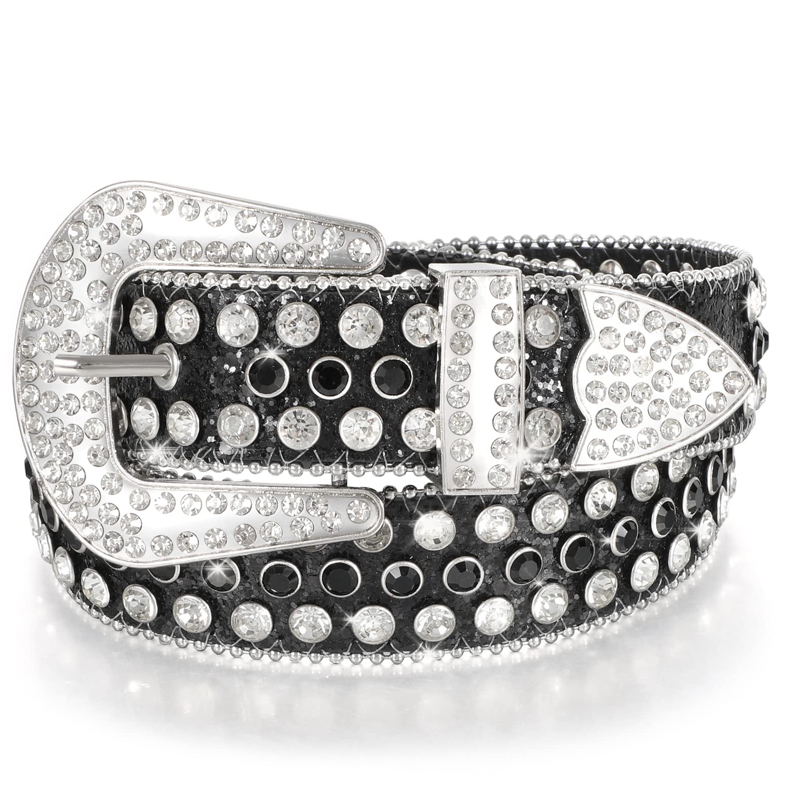 LEACOOLKEY dames heren mode strass riem, western cowgirl klinknagels punk PU leren riem voor jeans, A-zwart, L:Passgröße 99cm-109cm = 125cm Gesamtlänge