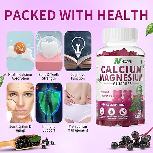 Miniatura 6 de Gomitas de calcio y magnesio y zinc con vitamina D3, suplemento de ashwagandha, absorción mejorada de alta potencia, sabor a saúco, 90 unidades