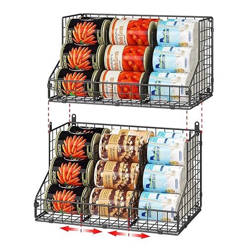 2 Pack Stackable Can Rack Organizer for Pantry Storage,Can Dispensers with 4 Adjustable Dividers, 2-Tier Metal Wire Basket Beverage Pop Soda Rack for Kitchen Cabinet Pantry, Black - L-(2 pack)
