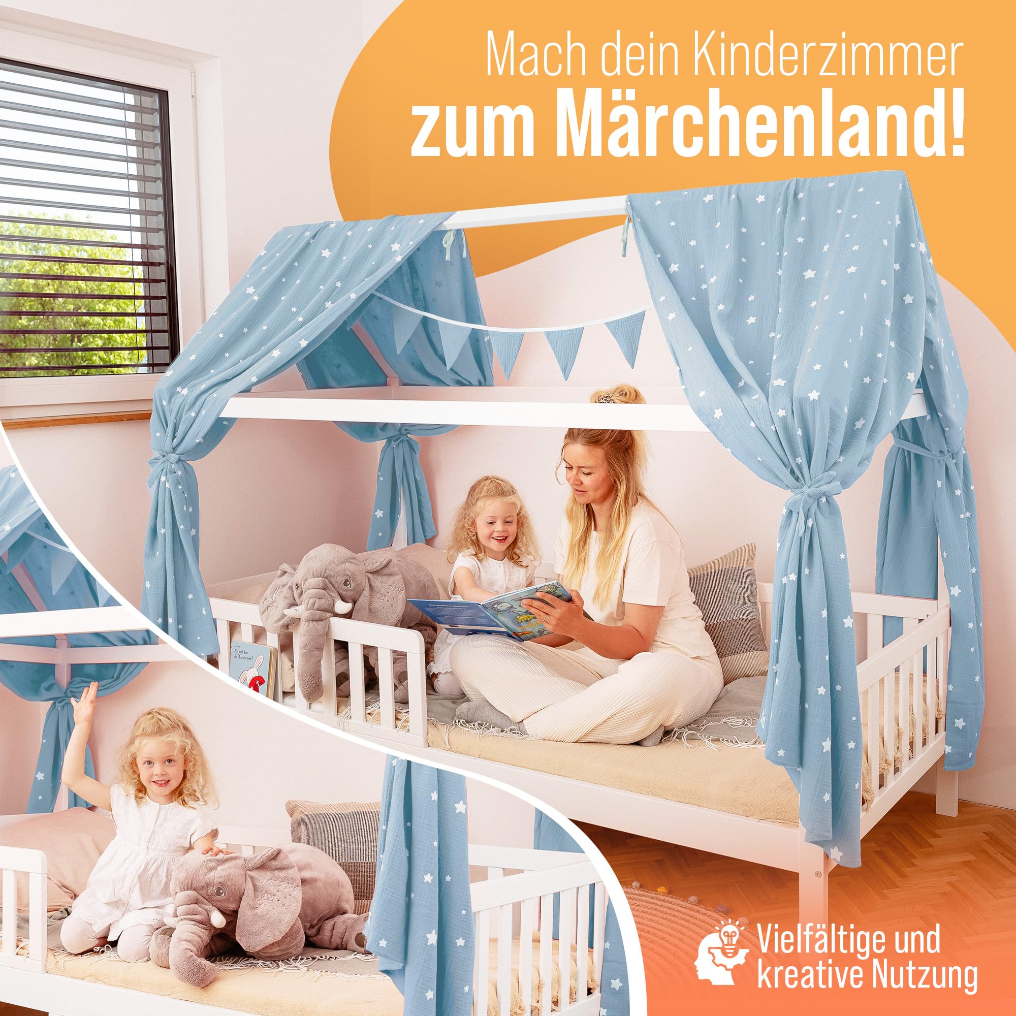Luna & Leo Hausbett Himmel 3-TLG - mit Sternendruck *TESTSIEGER 2025* [Bio Musselin Baumwolle] Handmade | Himmelbett Vorhänge Betthimmel Deko (Hellblau, 2er Set 320 x 130cm + Wimpelkette)