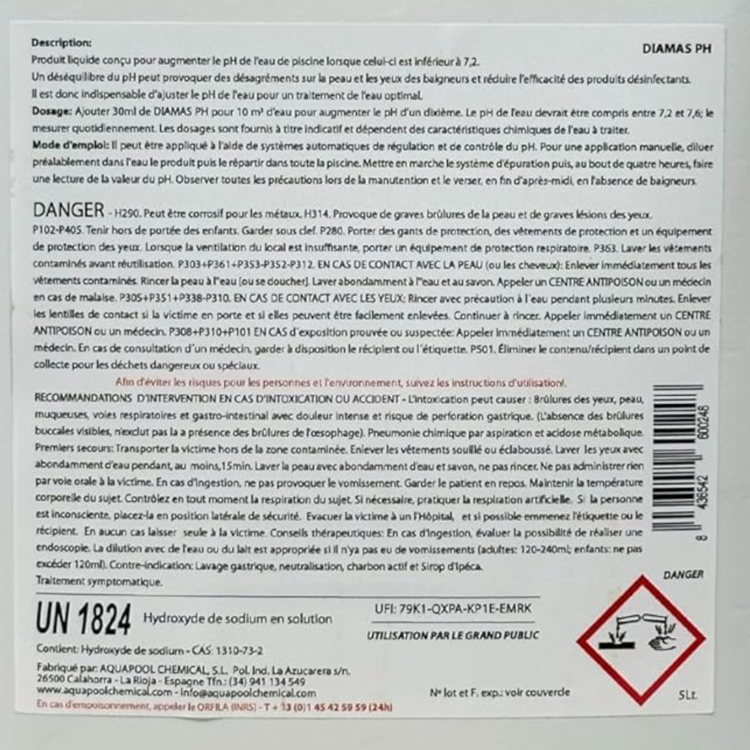 Ph Plus Piscine – Traitement Ph pour Piscine/Ph+ Liquide 1L et 5L– Permet d’Augmenter Rapidement Le Ph de l’Eau (5L)