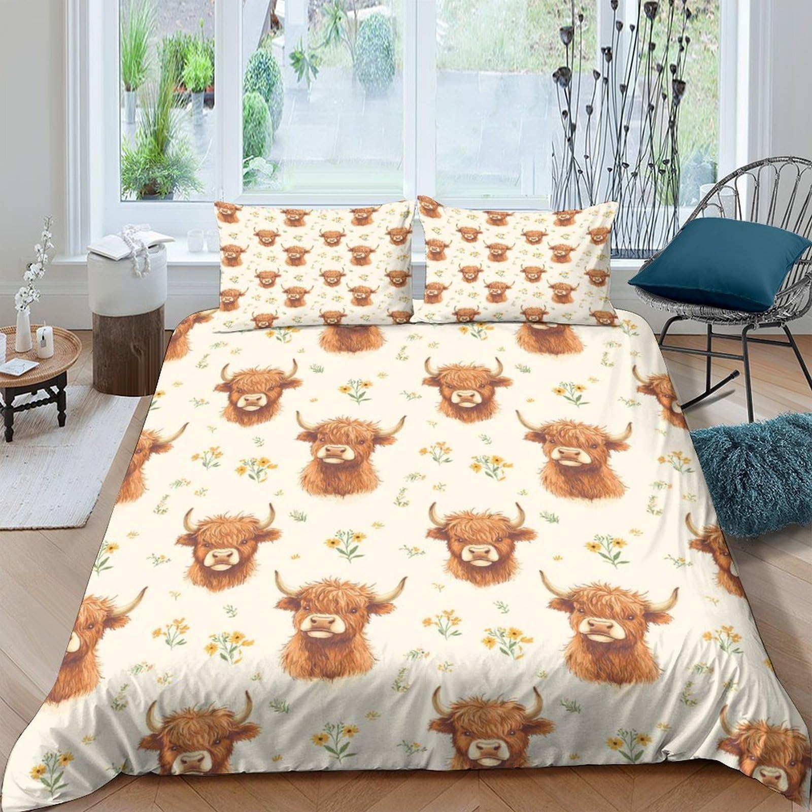 Ctjqhvkz Style-2 3D Printed Highland Cow Fitted Sheet Microfiber Beige Cartoon Cattle Bed Cover Anti-Slip Machine Washable Decor Single（135X200cm）