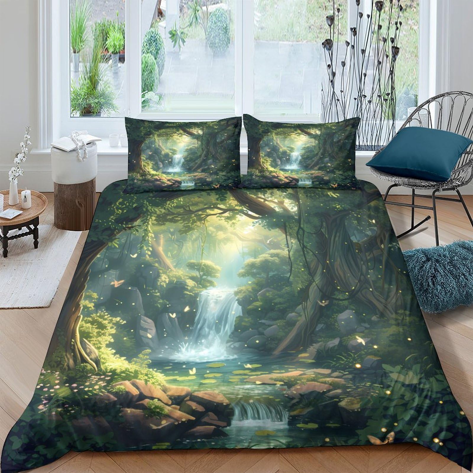 Ctjqhvkz Style-9 3D Printed Enchanted Forest Fitted Sheet Microfiber Soft Breathable Waterfall Bed Cover For Bedroom Dorm Mattress Protection Decor Single（135X200cm）