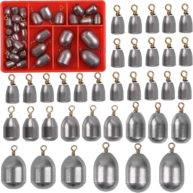 JSHANMEI 34pcs Iron Fishing Sinker Weights Set Bass Casting Fishing Weights with Box Saltwater/Freshwater Fishing Terminal Tackle Kit