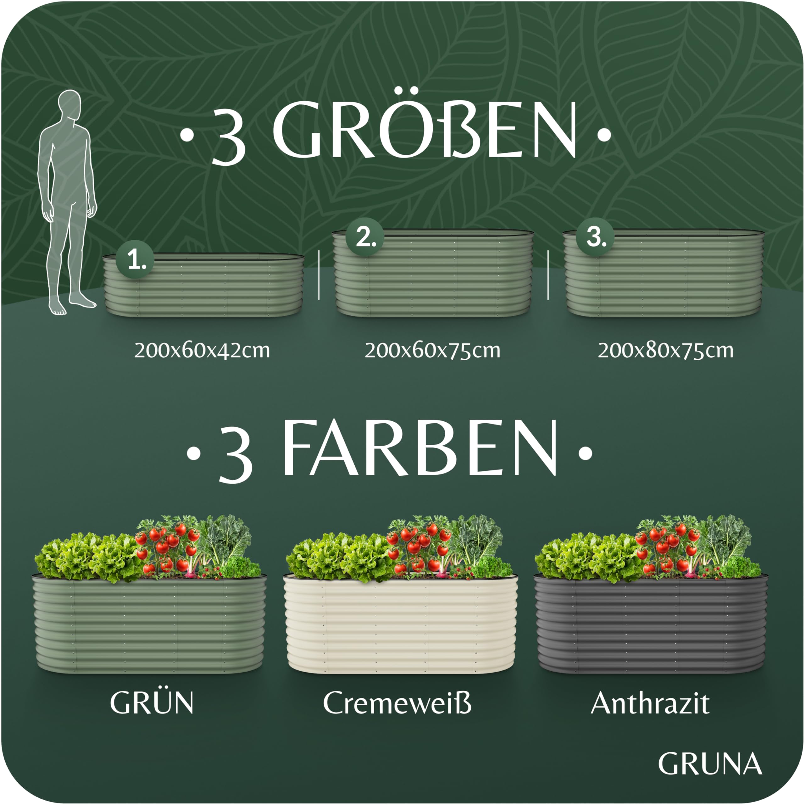 GRUNA - Hochbeet Metall 200x80x75 cm I 6 in 1 Modular Hochbeete-Kit I 100% Rostfrei I Formstabil Dank Verstrebung I Hochbeete für Garten I Hochbeet Grün (200x80x75)