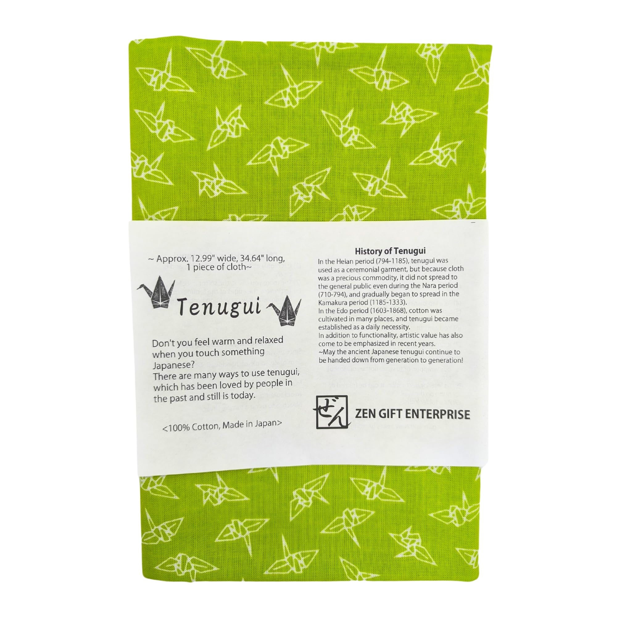 Japanese Tenugui Towel, 34.64"L x 12.99"W, Orizuru Pattern, White on Green