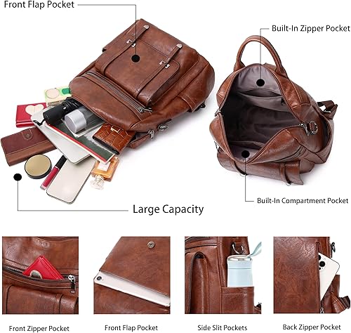 Miniatura 6 de Mochila de piel sintética para mujer, mochila de moda para mujer, color marrón, tamaño mediano, bolsas de hombro convertibles, adecuadas para ir