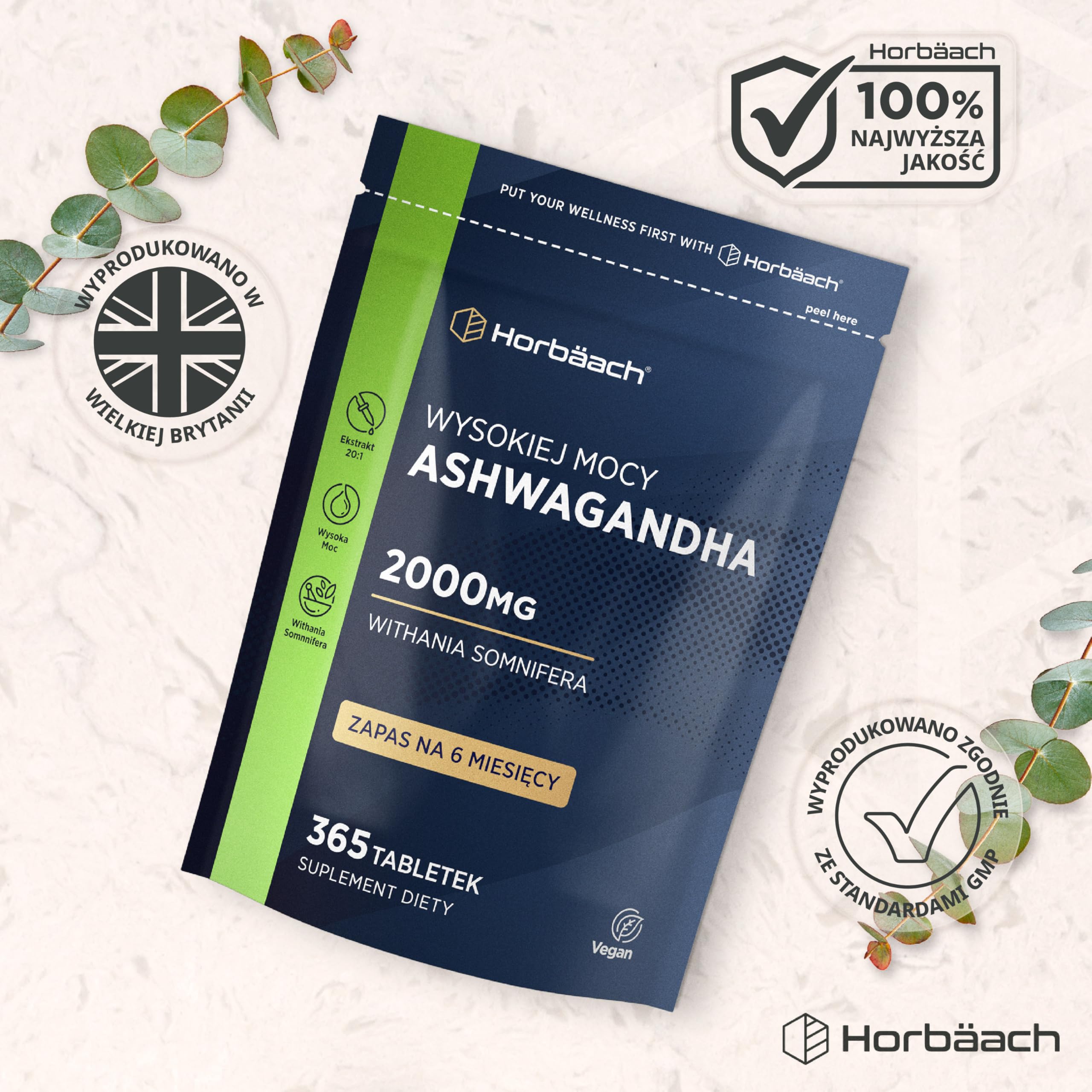 Ashwagandha KSM-66® 1200mg (BIO) | 5% Witanolidów | Organiczny Suplement w Proszku z Korzenia Ashwagandhy | Wysoka moc | 180 Kapsułek Wegańskich | marki Horbaach