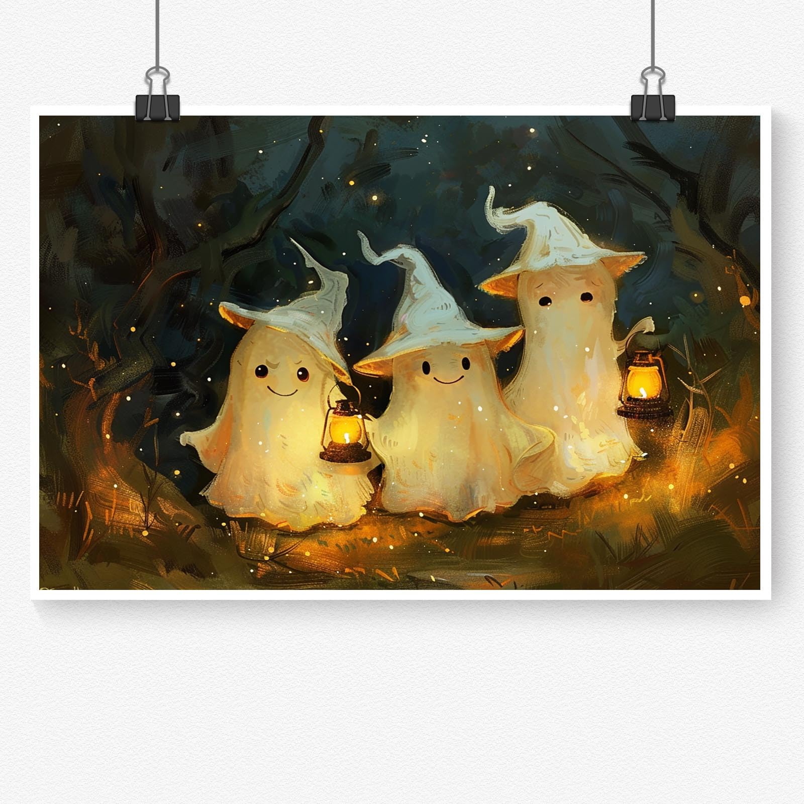 Set Of 6 Vintage Halloween Canvas Wall Art - Spooky Ghost & Pumpkin Forest Prints 12x16 Inch