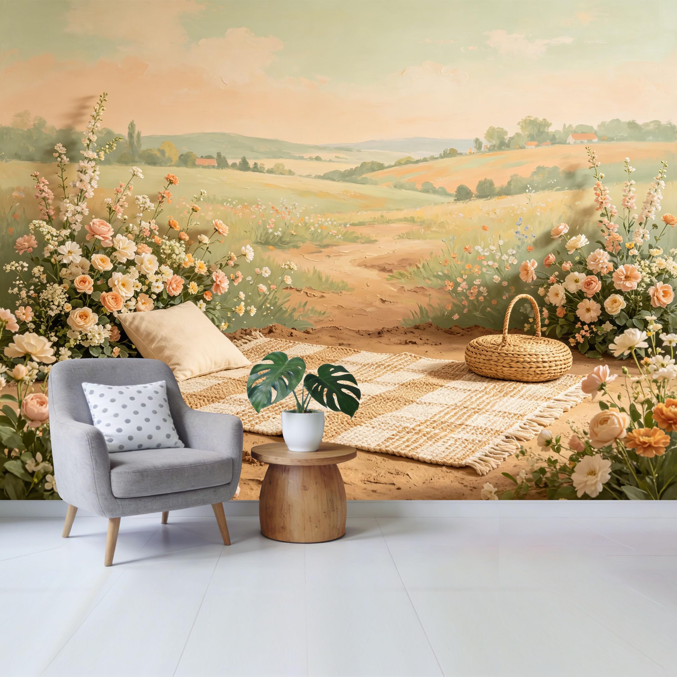 Qzlithotic Yq2605250484 Custom Size Wall Mural Pastoral Landscape Wildflower Meadow Oil Painting Style Selfadhesive Wall Fabric Removable Wallpaper For Home Office Decor