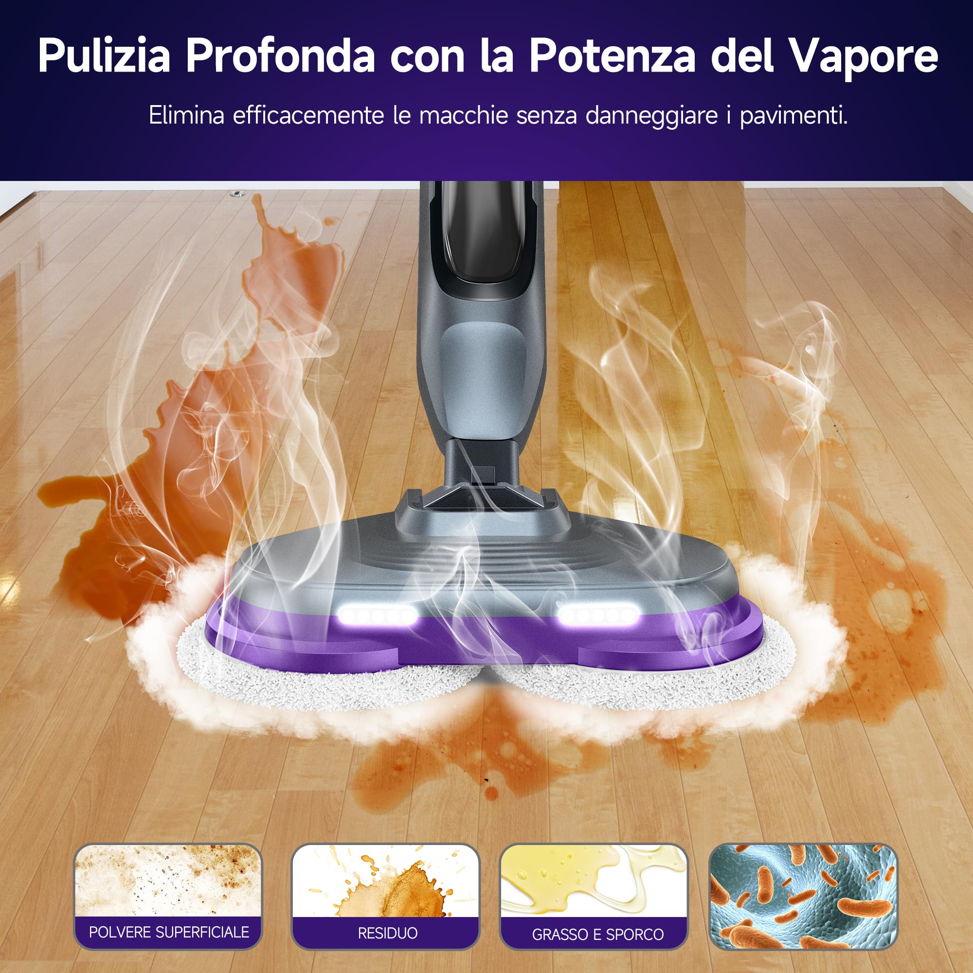 AlfaBot F2 Lavapavimenti a Vapore - Scopa a Vapore con Disinfezione 99.9% di germi e batteri, Vapore pronto in 30s, 450 ML, per tutti i tipi di Pavimenti Duri, Senza Uso di Detergenti