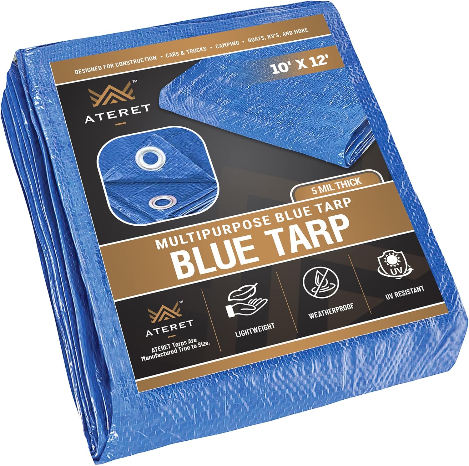 ATERET Waterproof Blue Tarp Cover – 10′ x 12′, Durable 5-Mil Poly