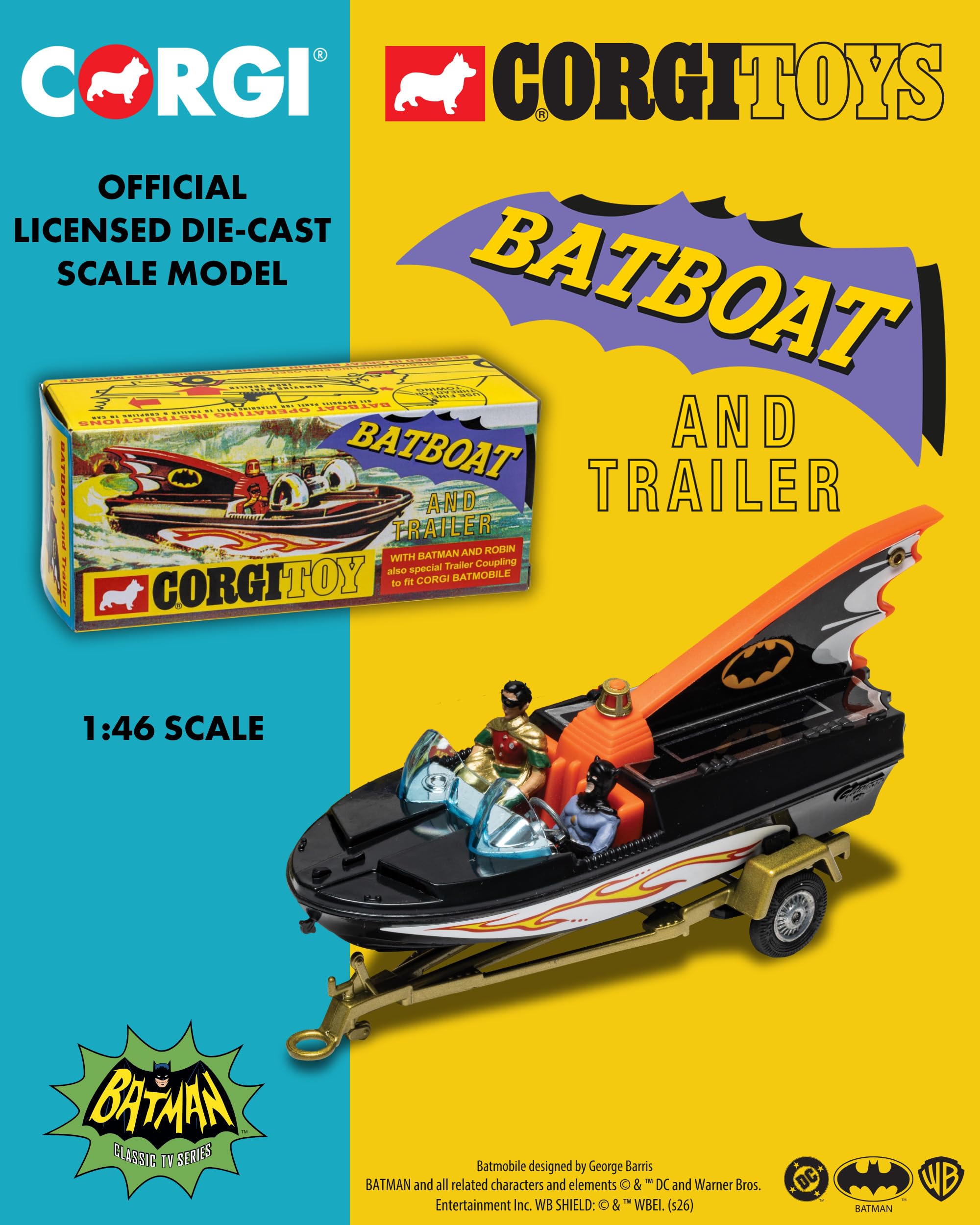 Corgi Toys CD54321062 107 Bateau Chauve-Souris avec Figurines Batman & Robin et couplage spécial remorque moulée pour Batmobile RT26701 Échelle 1:46 Cadeau Souvenir pour Homme ou Femme
