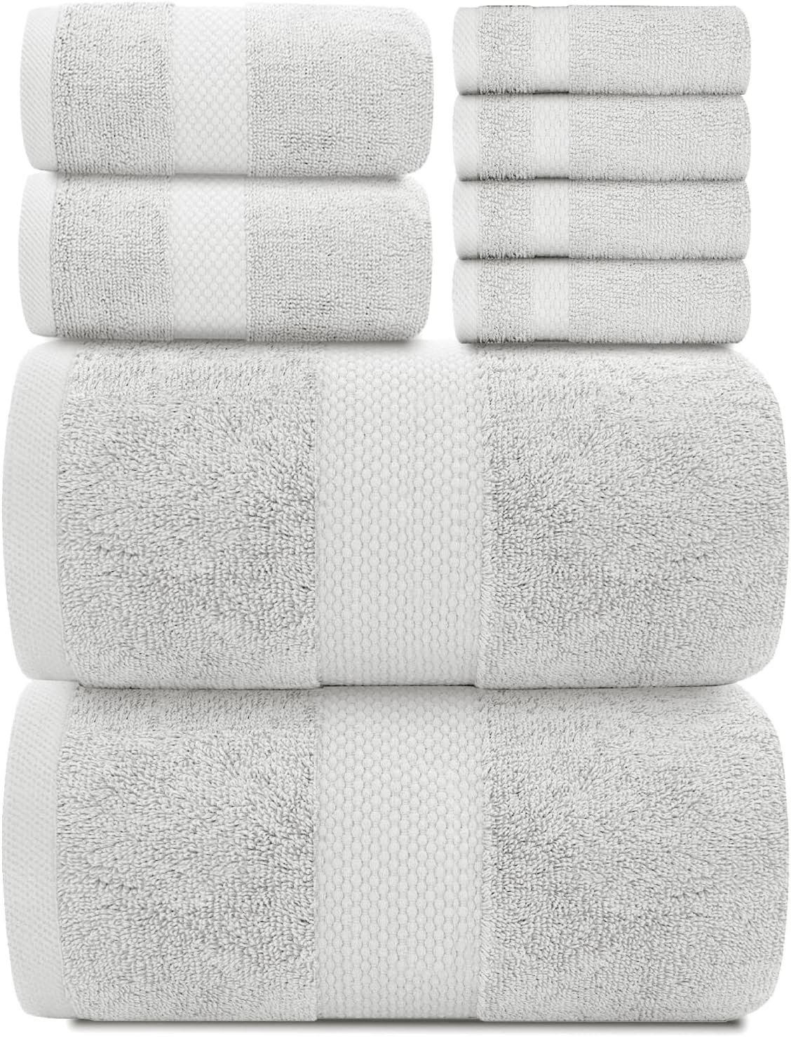 White Classic Luxury Bath Towel Set of 8 Pieces - 100% Turkish Cotton Highly Absorbent Towels for Bathroom, 2 Luxury Bath Towels 700GSM, 2 Hand Towels, 4 Washcloths, Light Gray - Thumbnail 2