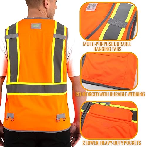 Miniatura 3 de TOURGO Chaleco de seguridad para hombre, chaleco reflectante de alta visibilidad 3M con bolsillos, clase 2, chaleco de malla para exteriores