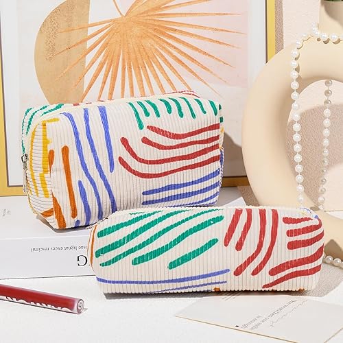 Miniatura 4 de SOIDRAM - Bolsa de maquillaje de pana, bolsa cosmética, 1 bolsa de maquillaje de gran capacidad y 1 bolsa de almacenamiento para pinceles de