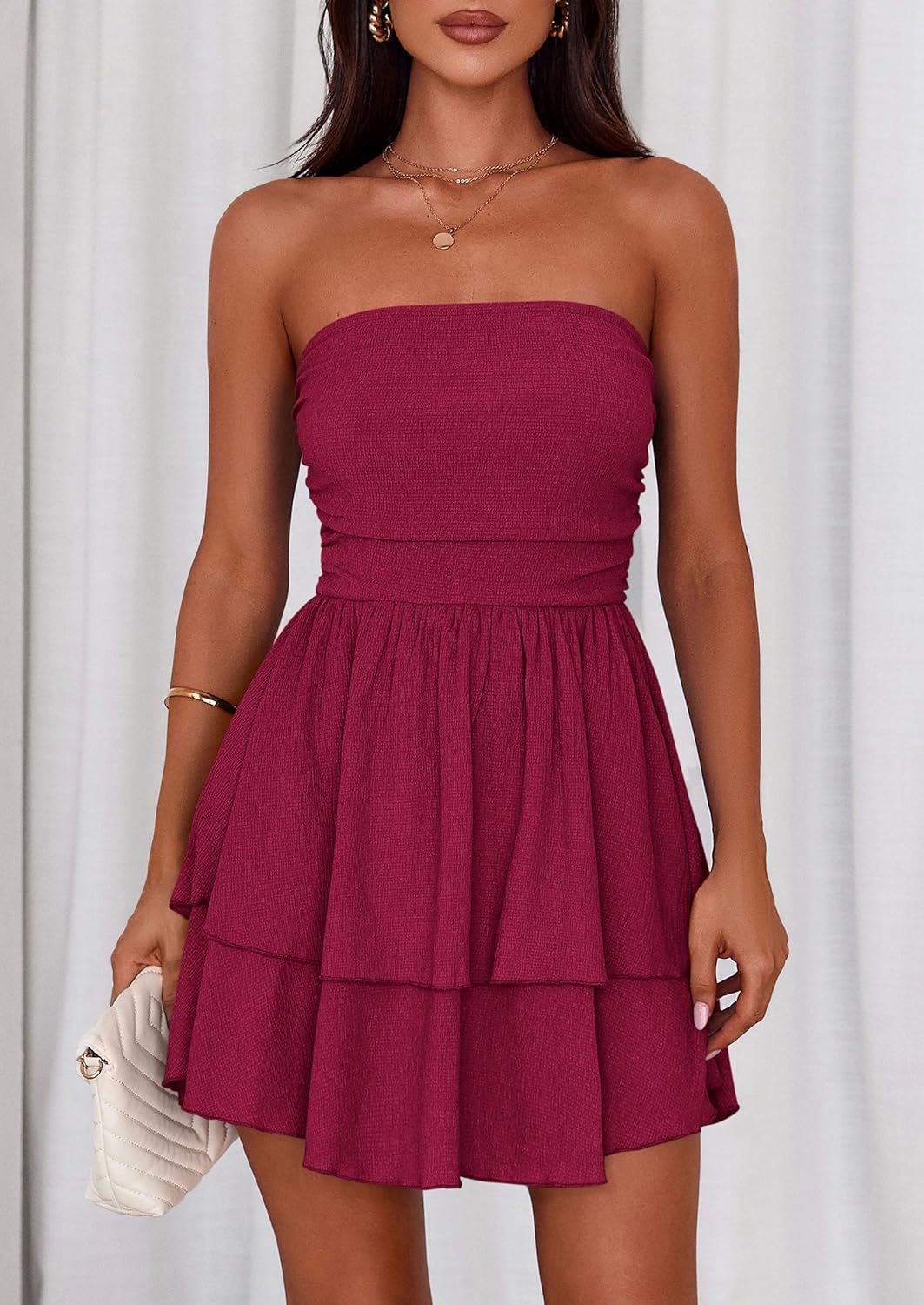 PRETTYGARDEN Women's 2026 Summer Strapless Tube Mini Dress Off Shoulder Smocked Ruffle A Line Flowy Short Party Club Dresses