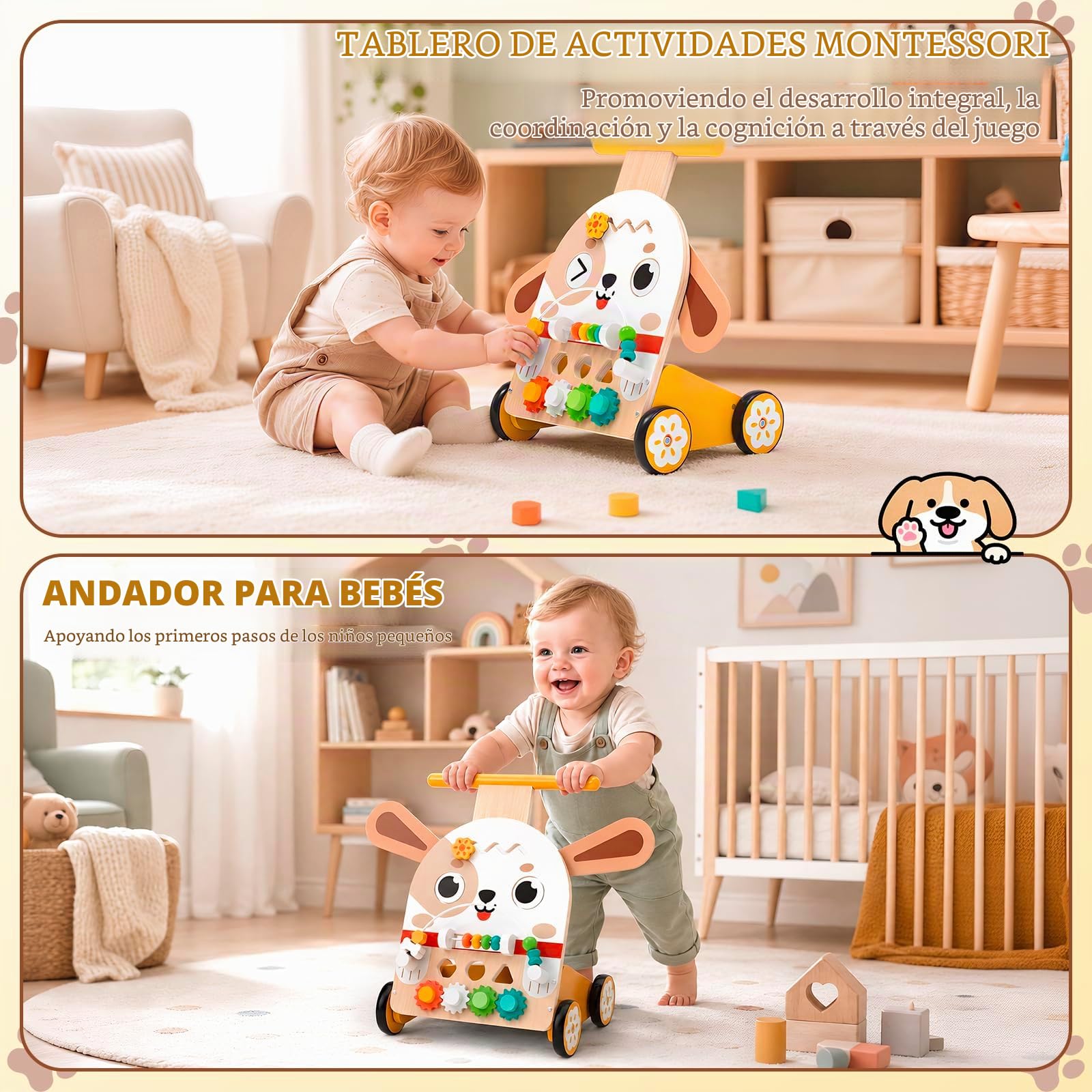 Andador de Madera Perro Montessori 6 en 1, Correpasillos