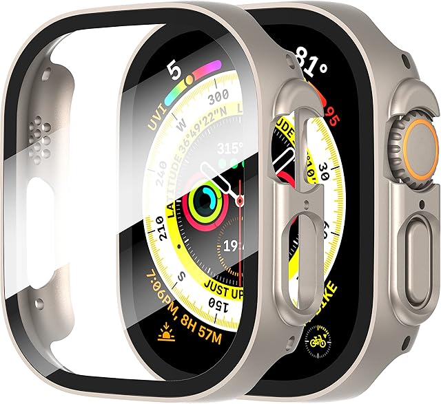 Diruite 2-Pack Screen Protector for Apple Watch Ultra/Ultra 2 49mm Tempered Glass Case,All Around Hard Matte PC Protective for iWatch Ultra/Ultra 2 49mm Cover-Titanium Steel