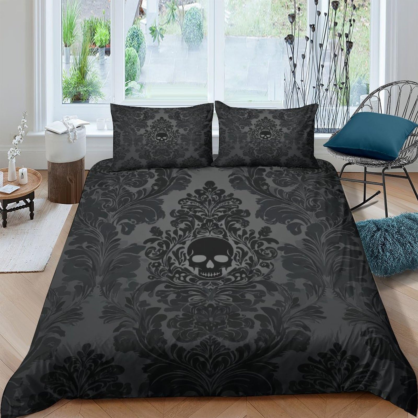 Ctjqhvkz Style-1 3D Printed Gothic Skull Fitted Sheet Microfiber Soft Black Damask Bed Sheet For Bedroom Dorm Décor Mattress Protection Single（135X200cm）