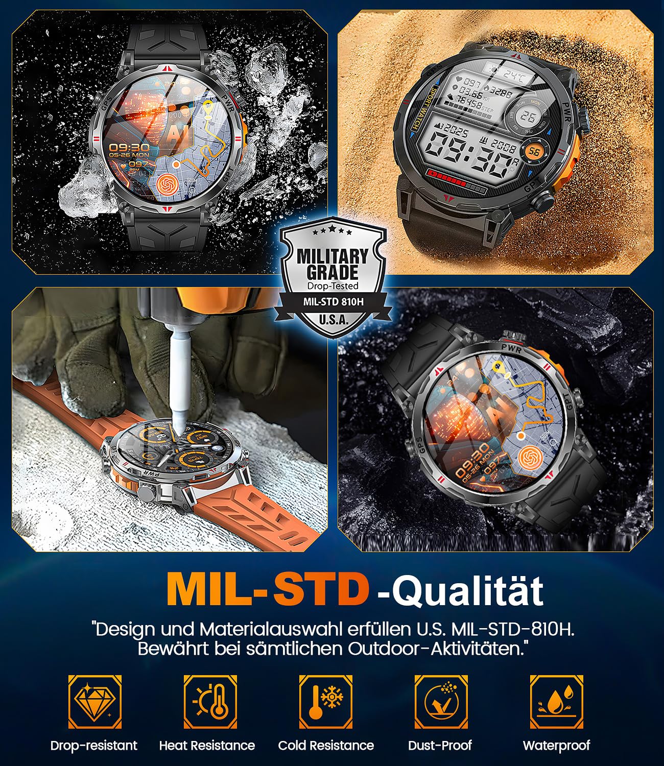GPS Smartwatch Herren, Militär Smartwatch GPS Sportuhr 1.6" AMOLED Display,Telefoniefunktion, Herzfrequenz, Schlaf, 5 GPS-Sportmodi, 100+ Sportmodi Fitnessuhr für Android iOS