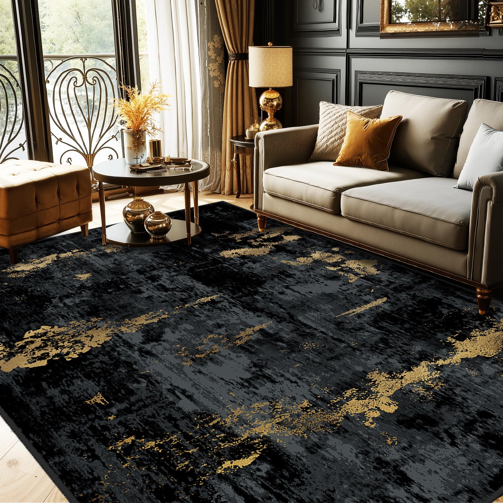 Photo 1 of RELEANY Washable Area Rugs 5'x8' Non-Slip Modern Abstract Soft for Living Room Entryway Bedroom Kitchen, Print Pattern, Dark Black Gold