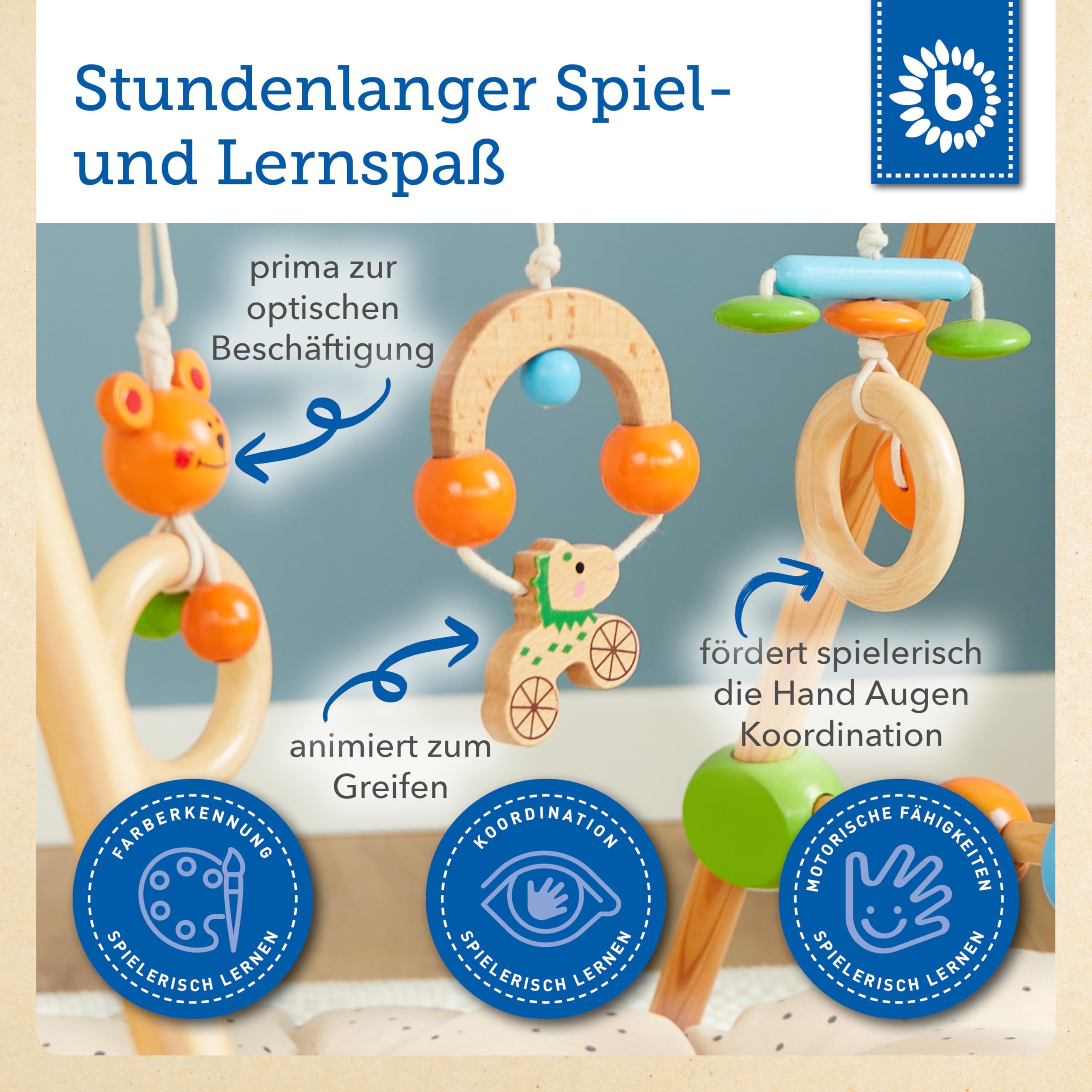 Bieco Spieltrapez | Spielbogen Baby Holz mit Figuren & Kugeln | Spielebogen Holz Baby | Spieltrapez Holz | Baby Mobile Holz | Activity Center Baby Gym | Holzspielzeug Baby | Baby Spielzeug