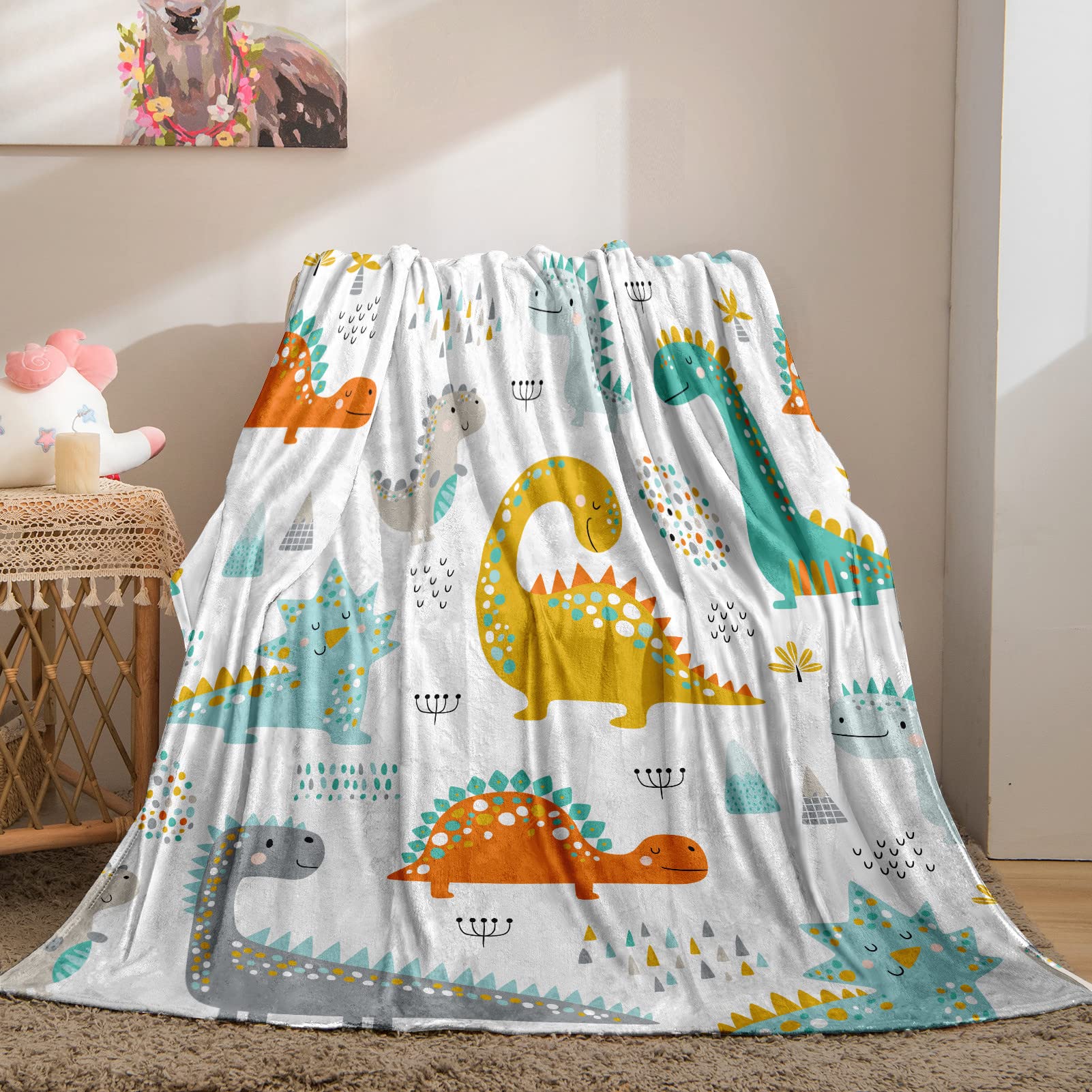 YUANZU Dinosaur Blanket Throw, Kids Colorful Cute Funny Dino Animals Print Pattern Soft Cozy Flannel Blanket, Warm Lightweight Plush Throw Couch Sofa Bed Cover, Gifts for Boys Girls 50x60 inch