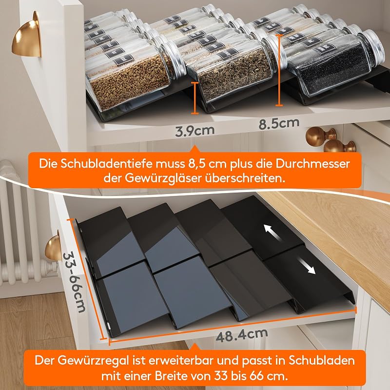 Lifewit 4 Szintes Fűszertartó Fiók 56 Fűszeres Üveghez - Állítható Szélesség 33-66 cm - Kombinálható Fiókbetét Konyhába, Fekete