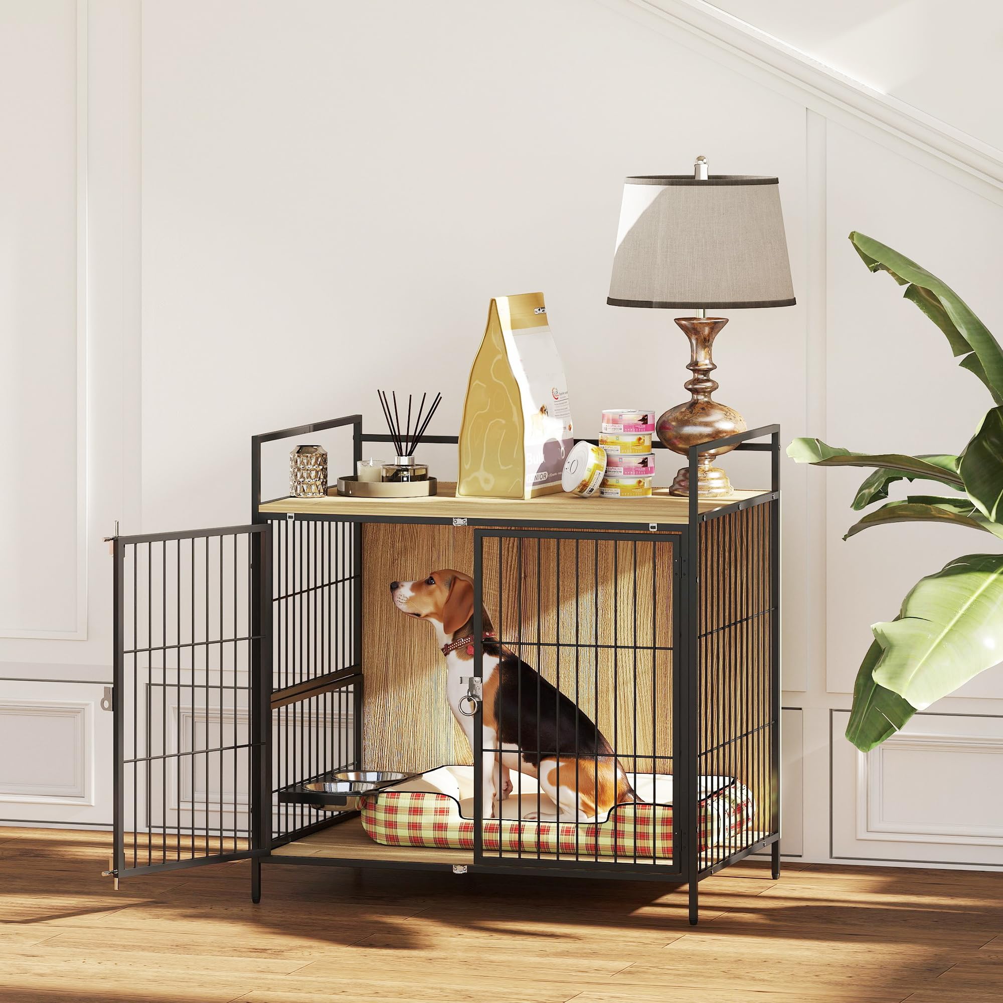 PawHut Jaula para Perros Casa para Mascotas con 2 Puertas y Mesa Auxiliar Moderna con Soporte Giratorio 2 Tazones y Estante de Almacenamiento Superior para Perros Medianos 80x56x76,5 cm Roble