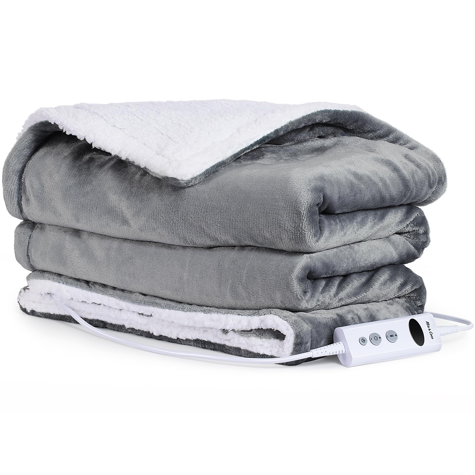 Mia&Coco Manta Electrica Grande Termica Cama 160x130cm, 10 Niveles de Calor y Temporizador de Apagado automático de 1~9 Horas y Pantalla Digital, Lavable a máquina, Sherpa de Franela