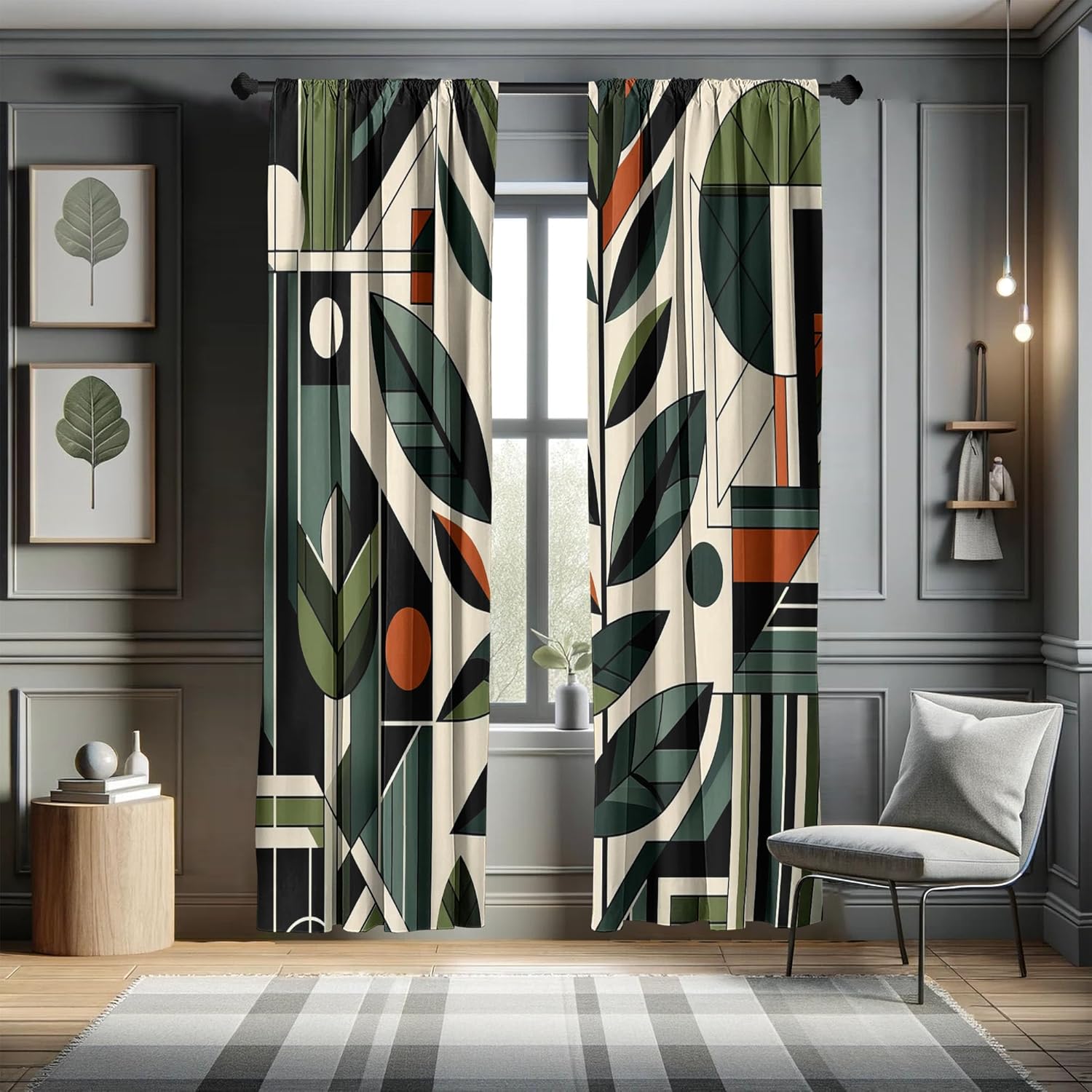 Ambesonne Mid Century Modern Window Curtains, Abstract Design of Futurist Boho Jungle and Geometric Leaves, Lightweight Decorative 2-Panel Set & Rod Pocket, Pair of - 28" x 63", Pale Reseda Green Grey