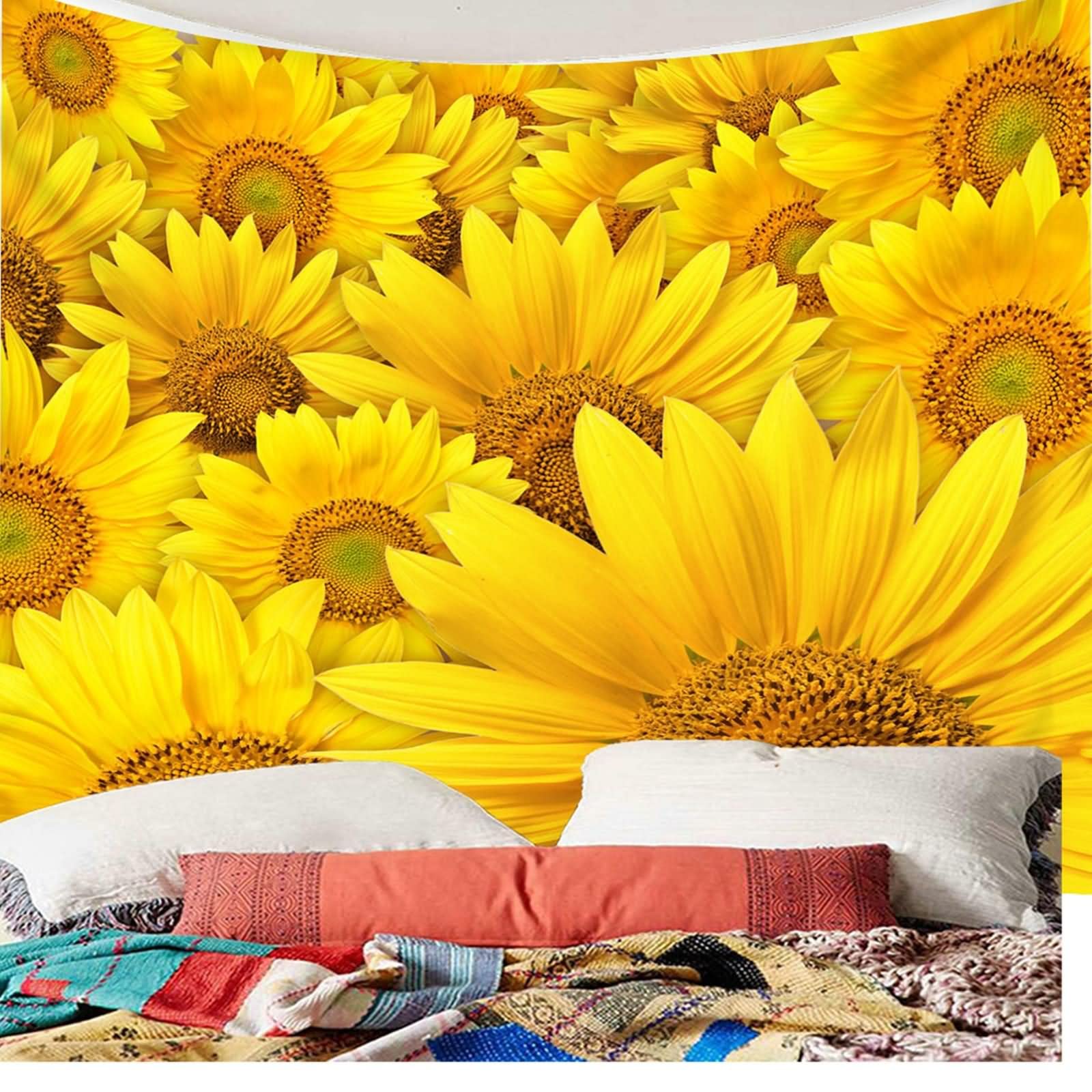 Tapices Navideños, Decoración Rústica Pared Girasol Flor Tema Floral Poliéster Amarillo 260x240CM