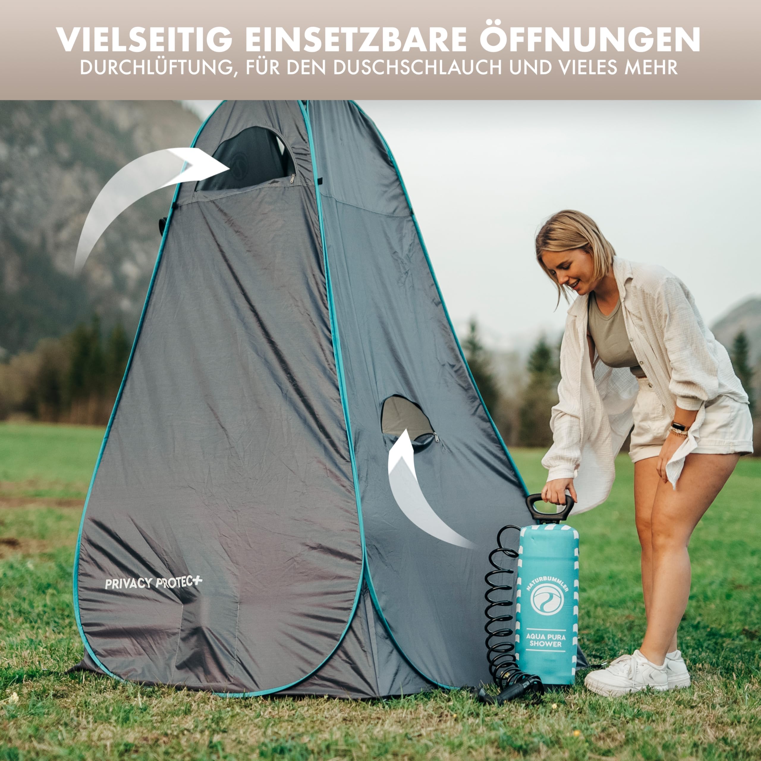 NATURBUMMLER Duschzelt Pop-Up [Privacy Protec+] wasserdicht & Blickdicht mit 5 Taschen & Boden (1,9  m Stehhöhe) – mobiles Toilettenzelt Umkleidezelt Sichtschutz für Camping Strand Outdoor