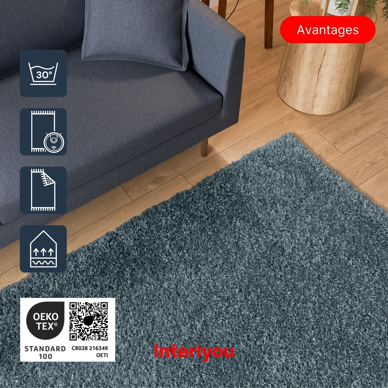 Interiyou Tapis Poils Longs Sofia - 60x120 Bleu - Moelleux et uni - Lavable et antidérapant - Fibres Douces pour Salon, Salle à Manger, Cuisine, Couloir