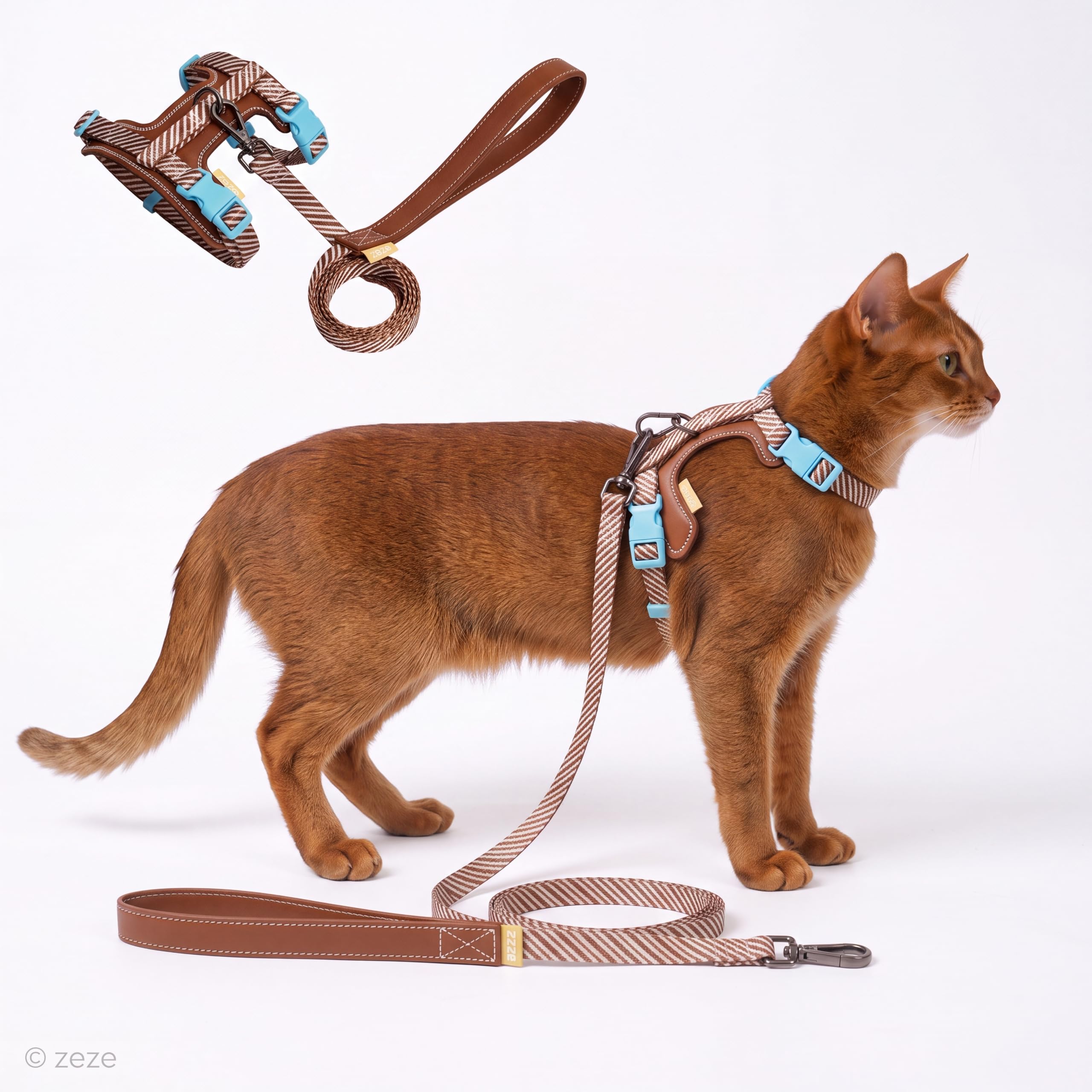 zeze Cat Harness and Lead Set, Escape Proof Adjustable Leather H-Harness for Cats, Kittens & Small Dogs, Lightweight with 1.2m Leash for Walking, Brown Striped