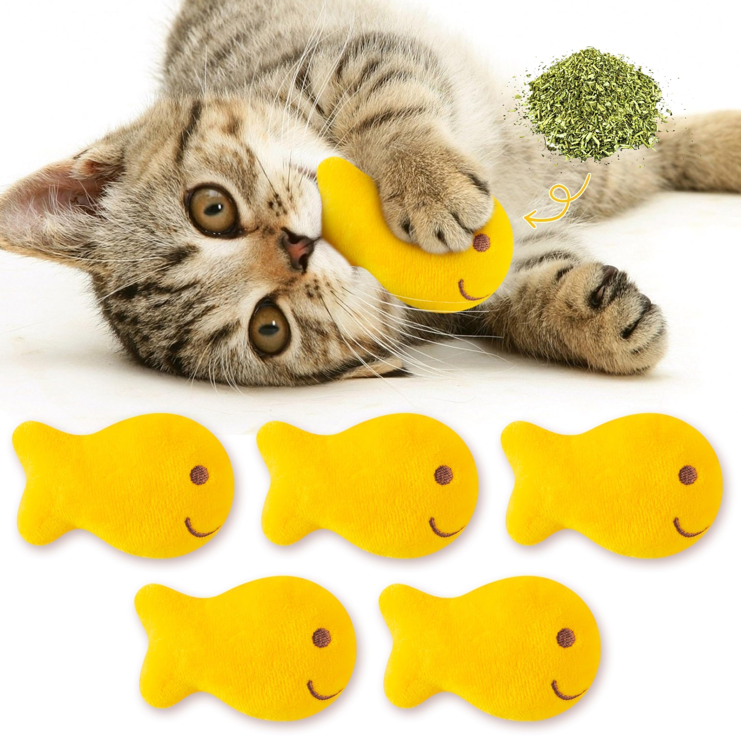 L1rabe Goldfish Cracker - Juguetes de peluche de hierba gatera – Día de agradecimiento para gatos negros, juguetes divertidos para gatos, suministros amarillos para mascotas, herramientas de dentición