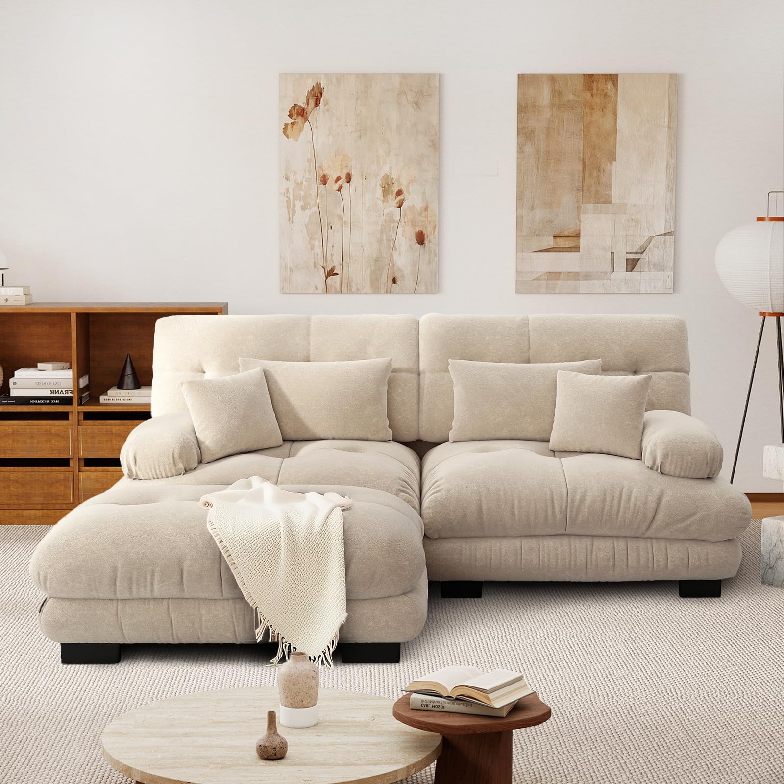 SoarFlash Sofá L Modular de 2 plazas para salón Moderno, sofá Nube de Tela Chenille con reposabrazos, marrón Claro, 145×220cm