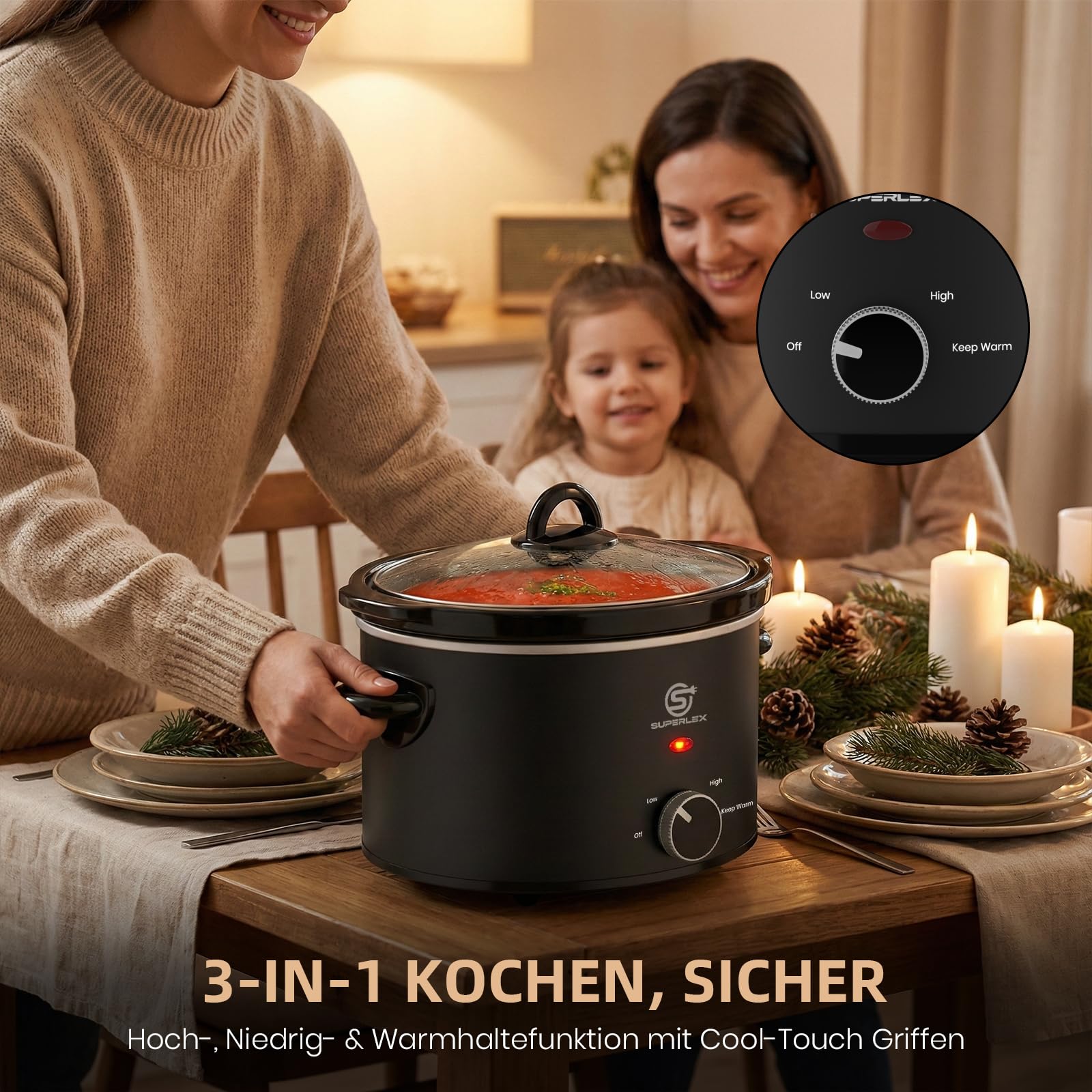 Slow Cooker - Pentola elettrica in ceramica con coperchio in vetro, con funzione di mantenimento in caldo, risparmio energetico, lavabile in lavastoviglie, ideale per stufato, zuppa, carne