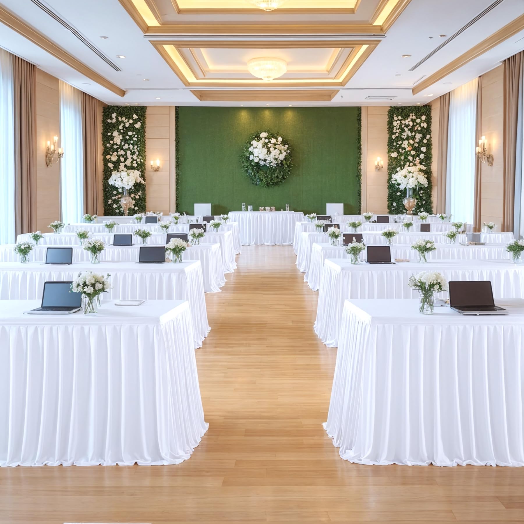 PARTISKY White Polyester Table Skirt for Rectangle Tables 17f, Wrinkle Resistant Pleated Ruffle Table Cloth for Birthday Party Banquet Wedding Baby