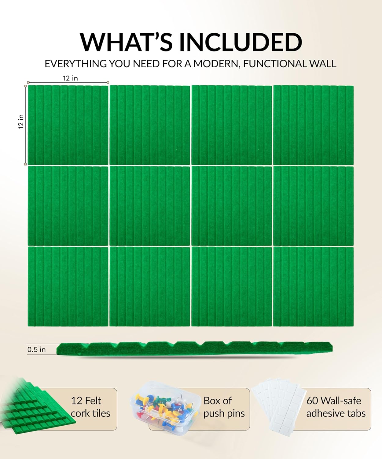 Large Cork Board Alternative 48" x 36" with Push PINS & Wall Safe Adhesive Tabs – Push pin Board for Walls in Home or Office, Felt Bulletin Board Tiles, Versatile Felt Board Layout, Forest Green