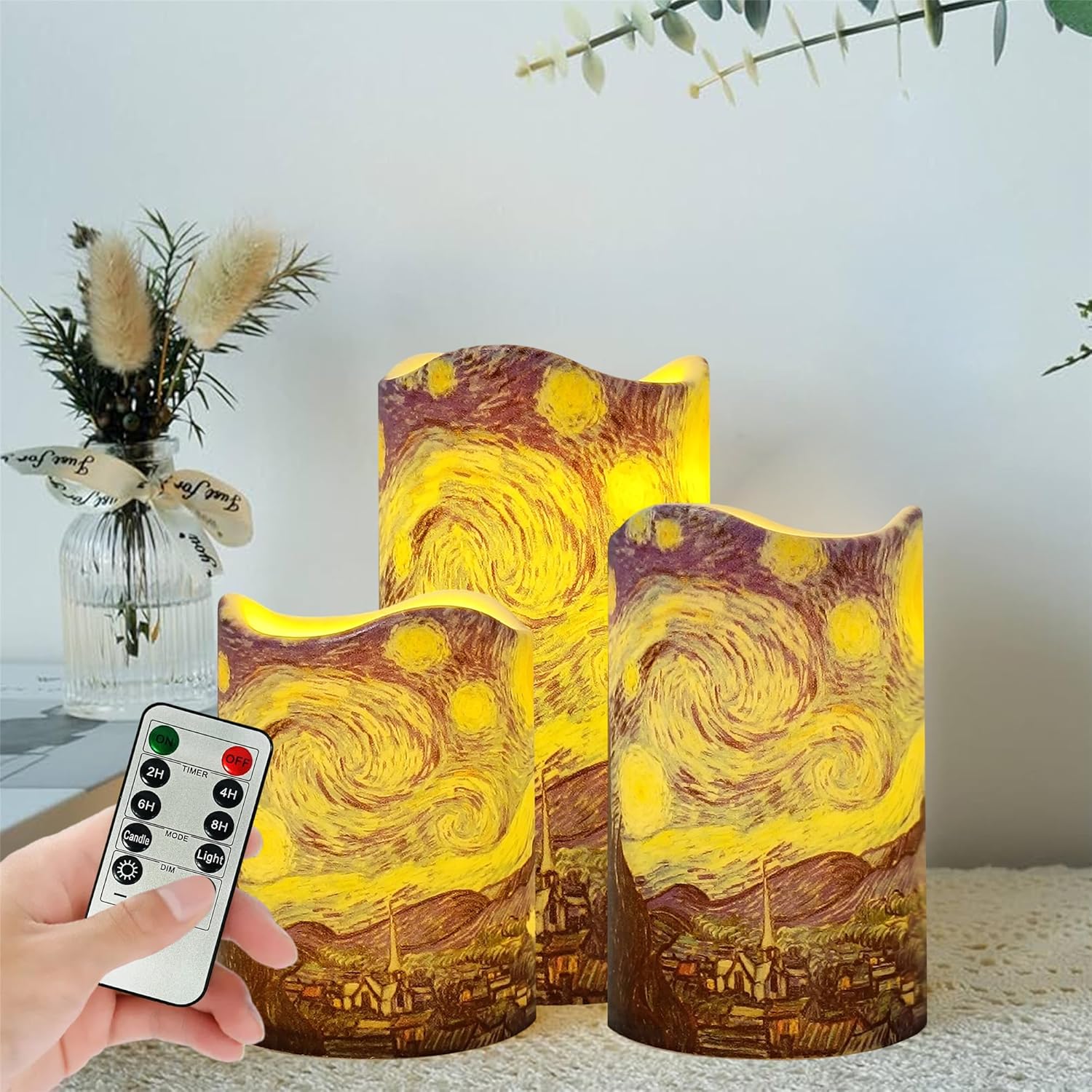 Remote Flameless Candles 4" 5" 6" - Set of 3 Van Gogh Starry Night Design LED Pillar Candles Battery Operated with Timer for Home Decor Indoor Outdoor,PLT3P-StaNit
