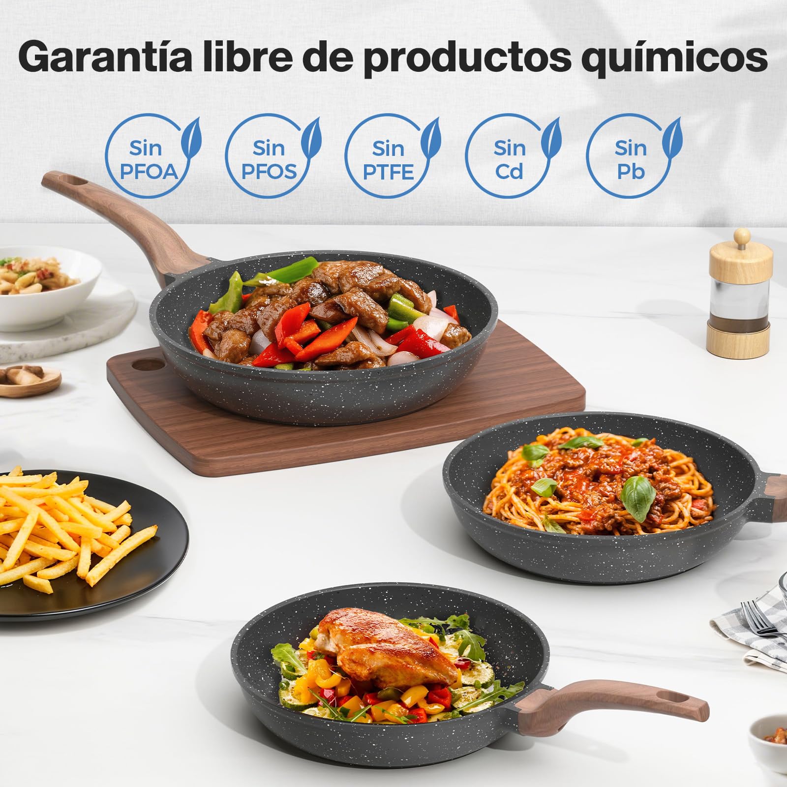 YASHE Set de 3 Sartenes Antiadherentes de 20/24/28 cm con Revestimiento de Granito – Compatibles con Inducción, Ligeras, Duraderas y Saludables para Cocina Diaria