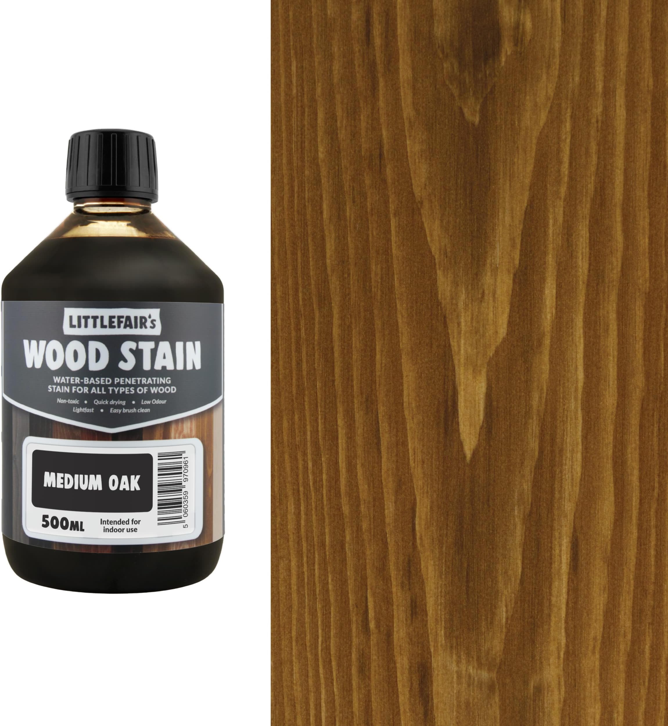 Littlefair's Wood Stain Water Based - 500 ml - Indoor Furniture Stain Light & Dark Finishes - Special Non Toxic & Eco Friendly Formula - Wood Stain for Crafts - Colour: Medium Oak