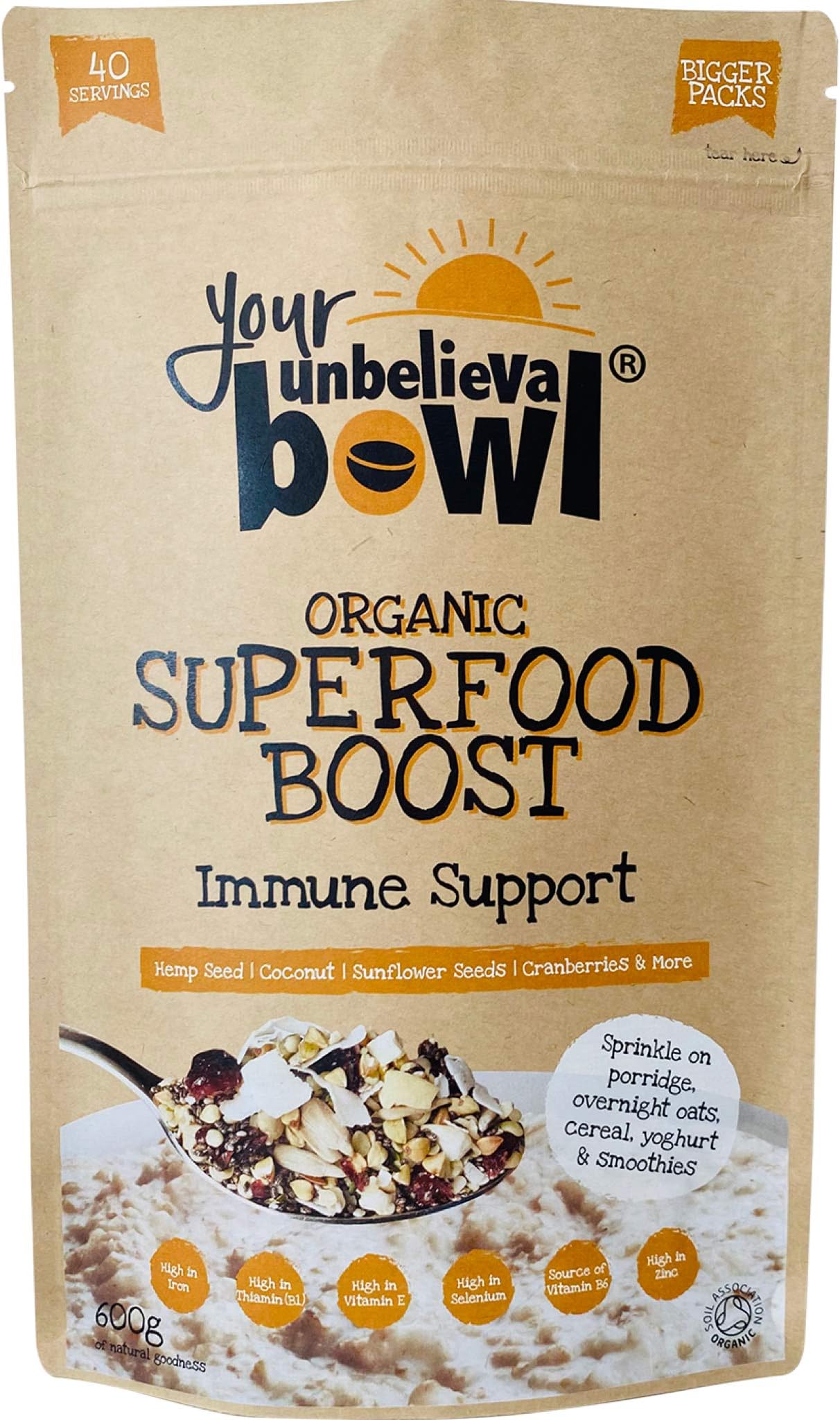 โ Your UnbelievaBowl - Organic Superfood Boost (Immune Support) 600g, 40 Servings, 45p Per Serving, Gluten Free, Chia, Hemp & Sunflower Seeds, Buckwheat, Coconut, Cranberries, Cashews, Cinnamon