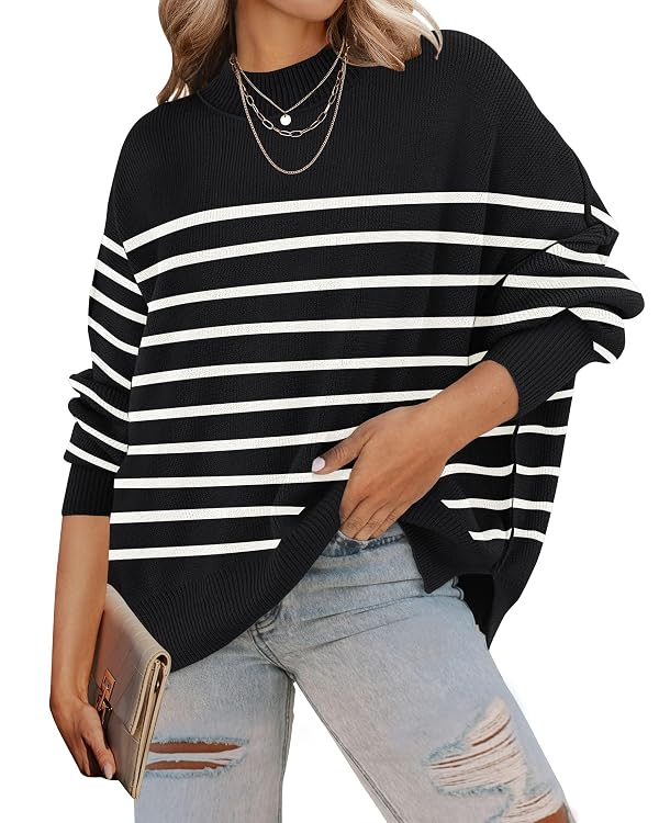 ZESICA Women's Fall 2025 Casual Long Sleeve Crew Neck Side Slit Oversized Ribbed Knit Pullover Sweater Tops,BlackStripe,X-Large by ZESICA - Used condition - US$28.35