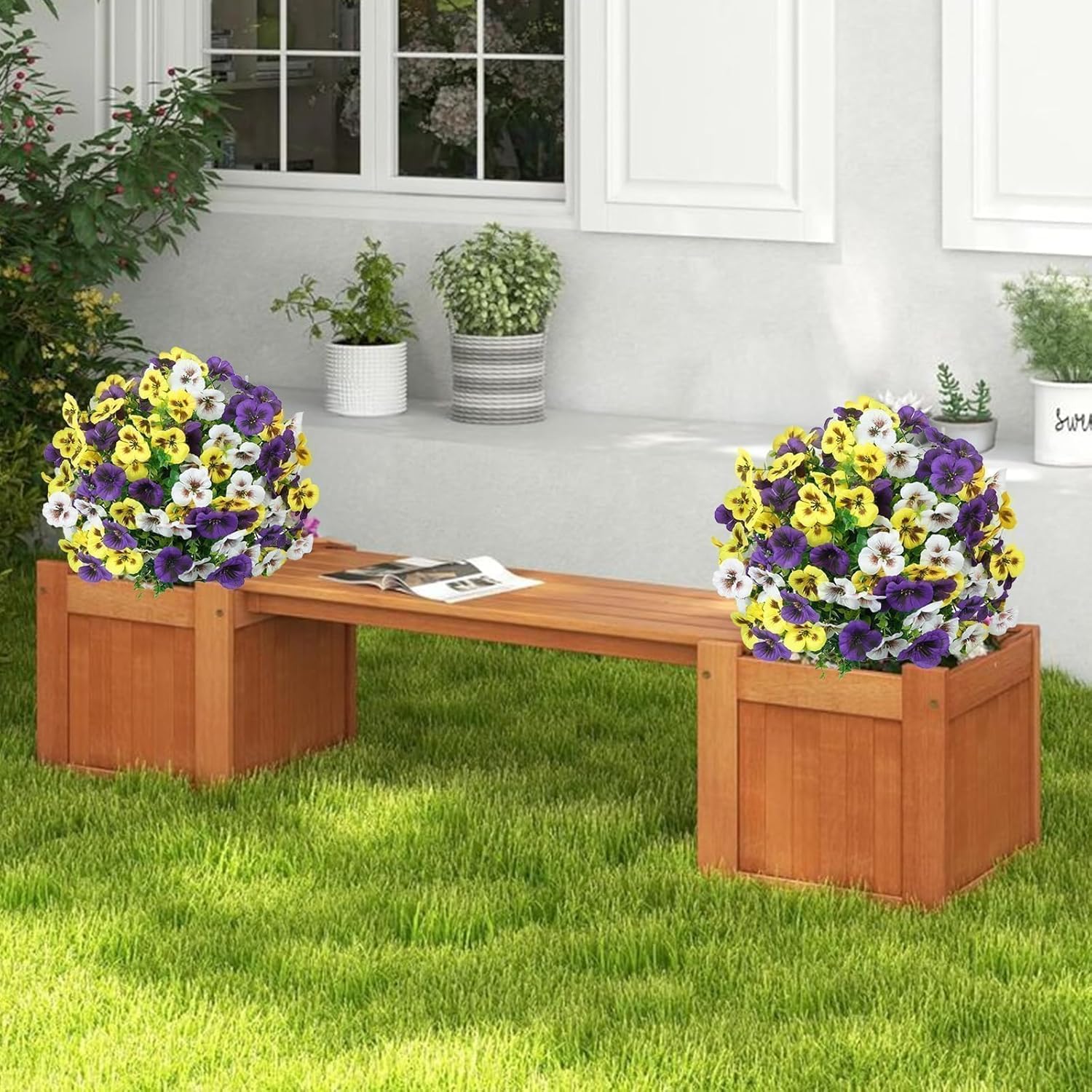 2er Set Künstliche Blumen Outdoor 60 cm Künstliche Buchsbaum mit Erdspieß Stiefmütterchen Buchsbaumkugel Wetterfest Kunstblumen Frühling Deko Künstliche Pflanzen für Draußen Balkon Garten