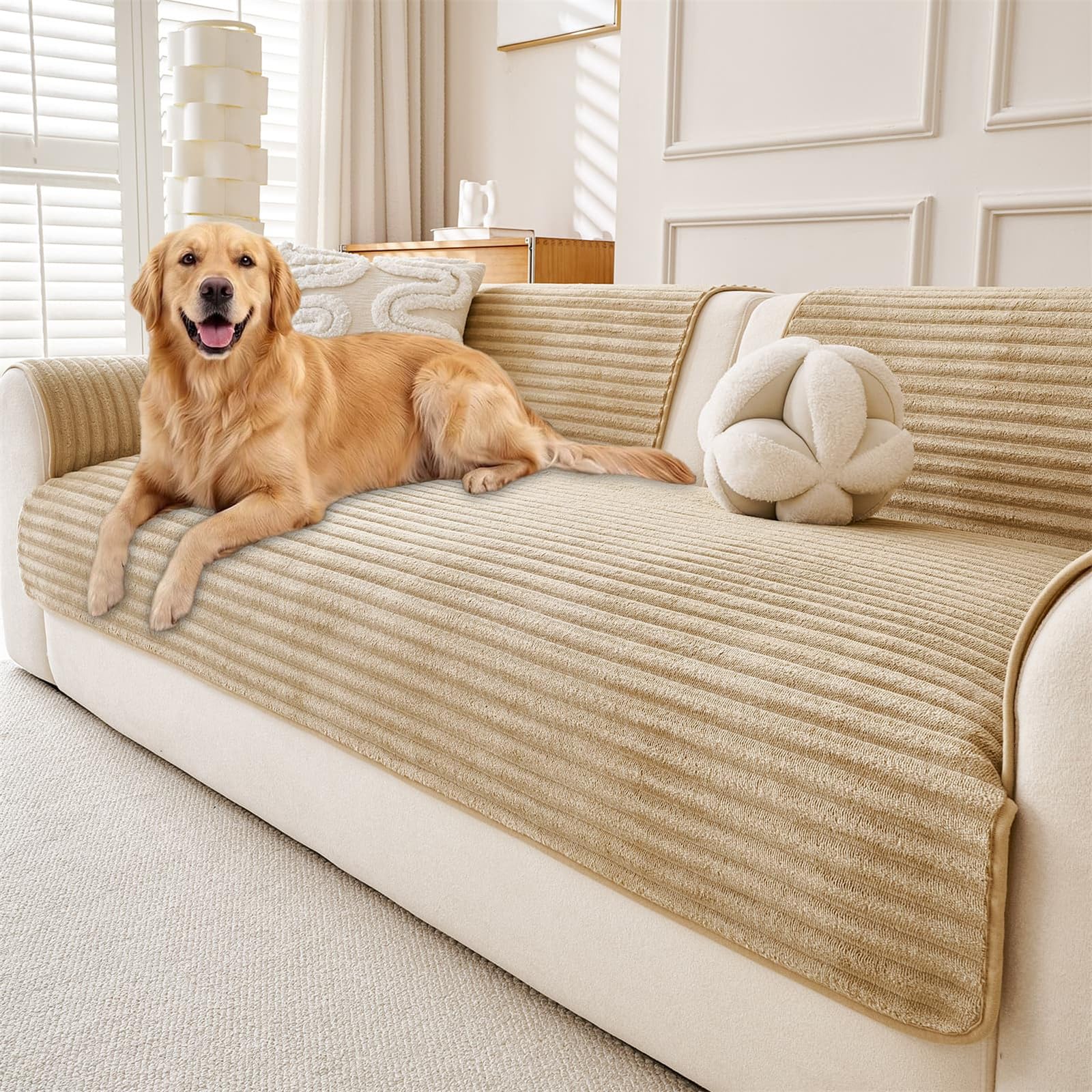 LINGKY Thick Sofa Covers Washable - Soft Flannel Sofa Cover 2 3 4 Seater, Non-Slip Sofa Slipcovers, Sofa Cushion Covers Pet Couch Covers Furniture Protector for Living Room (Khaki, 110x240cm) — image 1