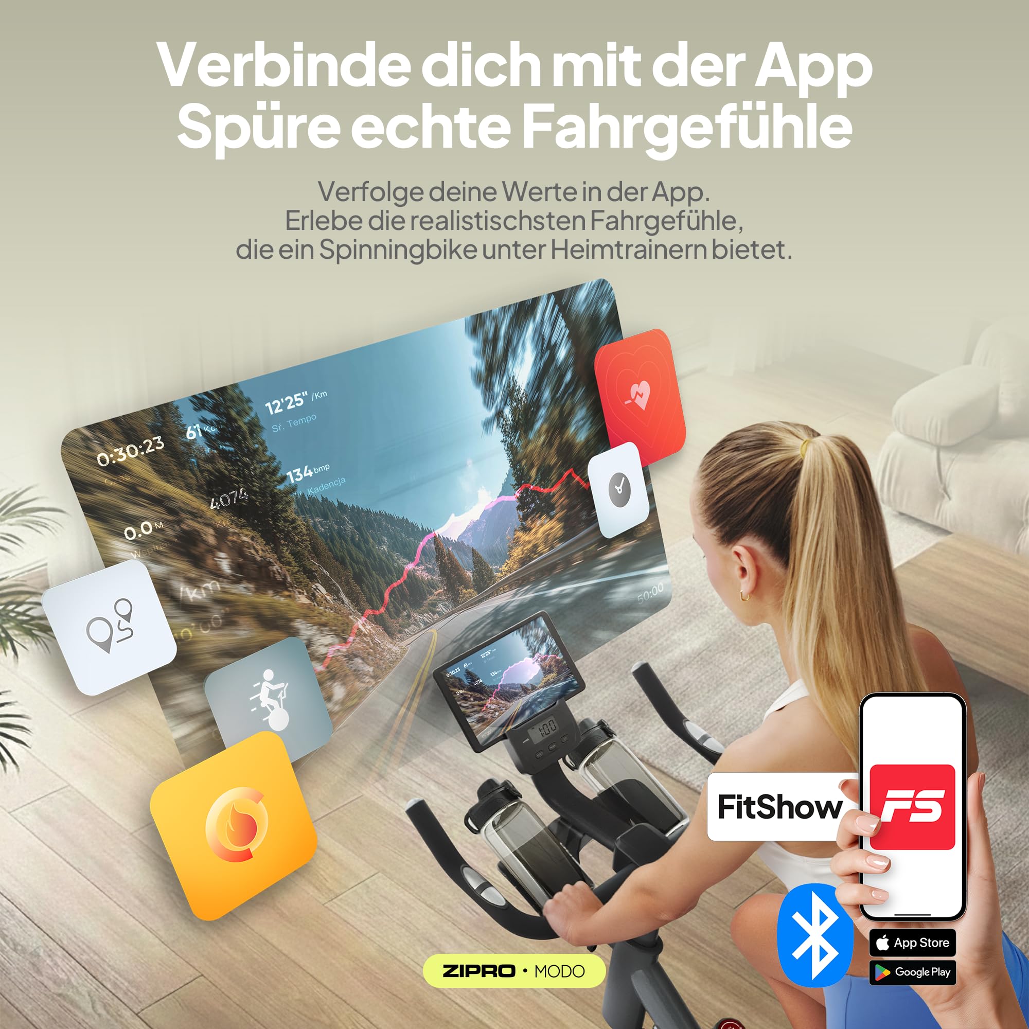 ZIPRO Heimtrainer Fahrrad Hometrainer Ergometer Bike Indoor Exercise für Zuhause Cardio Fitnessgerät Stationary 120 kg Belastbar mit App Zimmerfahrrad Fahrradtrainer Bildschirm – MODO